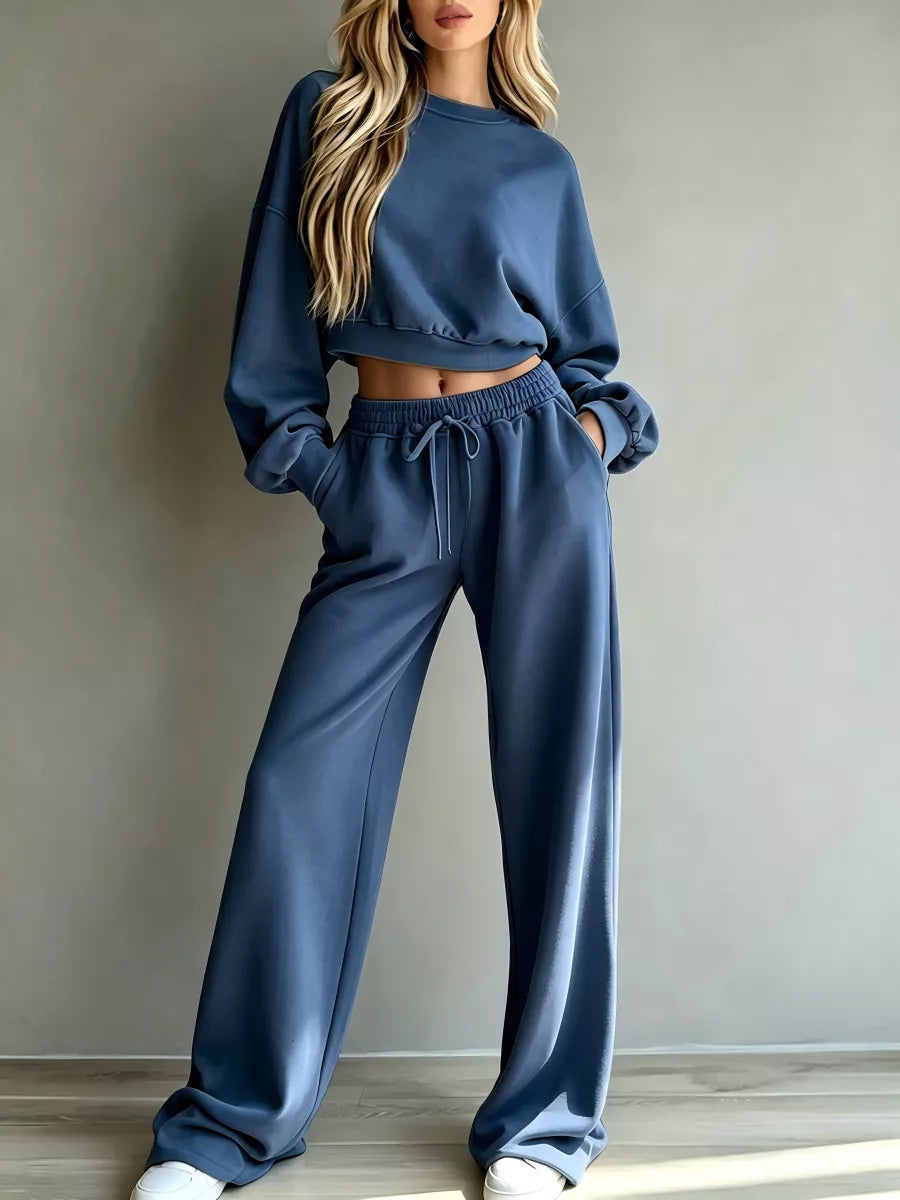 Trendsi Round Neck Cropped Sweatshirt and Wide-Leg Pants -