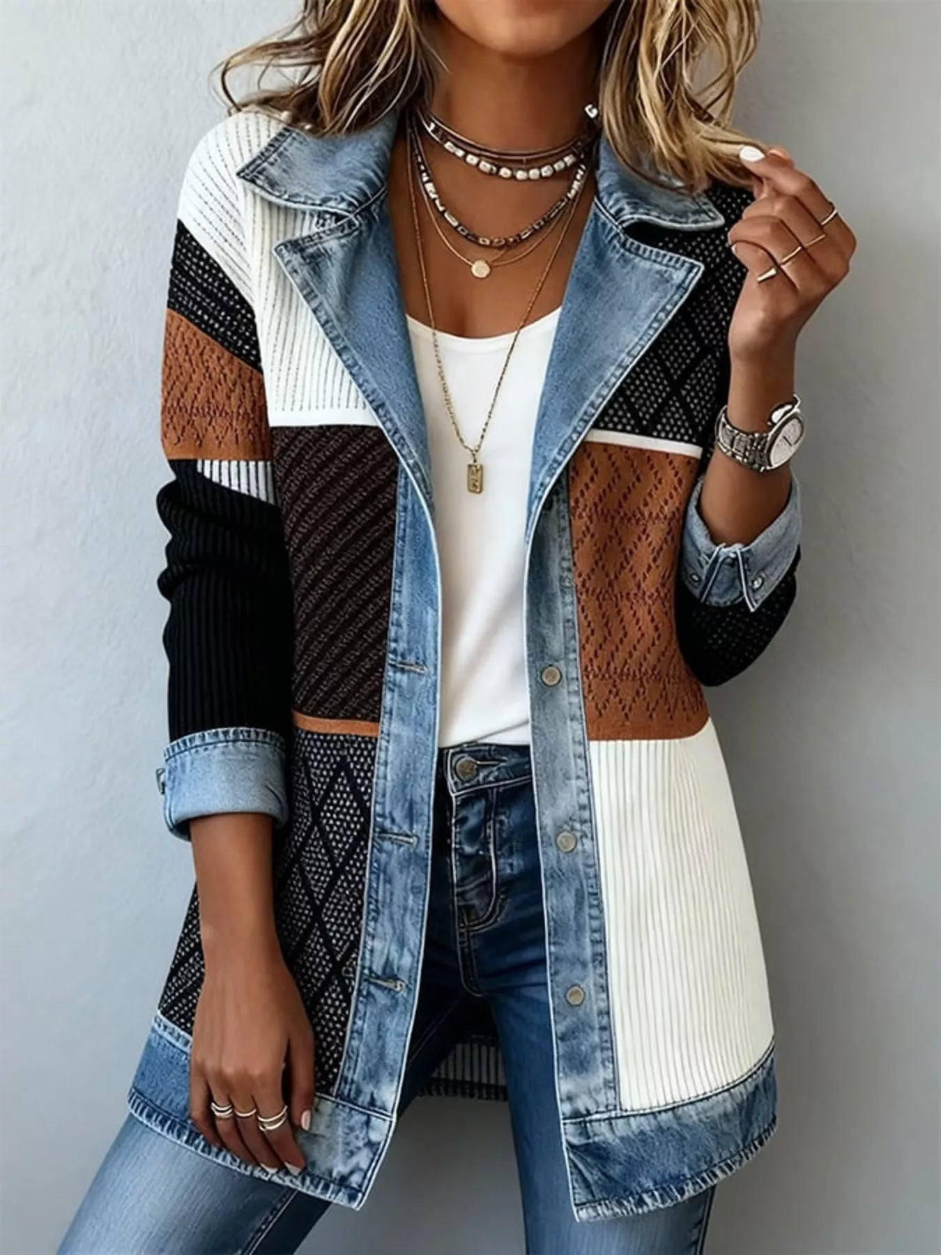 Trendsi Full Size Denim Trim Ribbed Knit Jacket Plus Size -