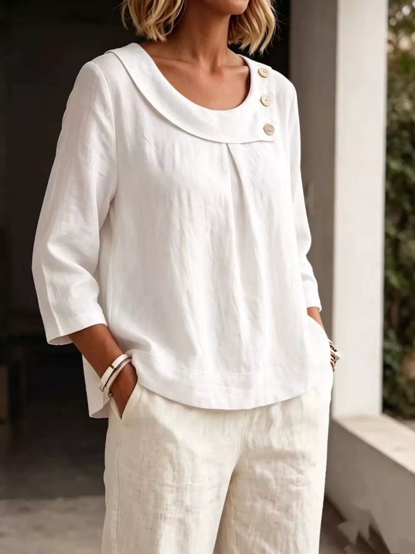 Trendsi Linen Blend Blouse with Decorative Buttons -