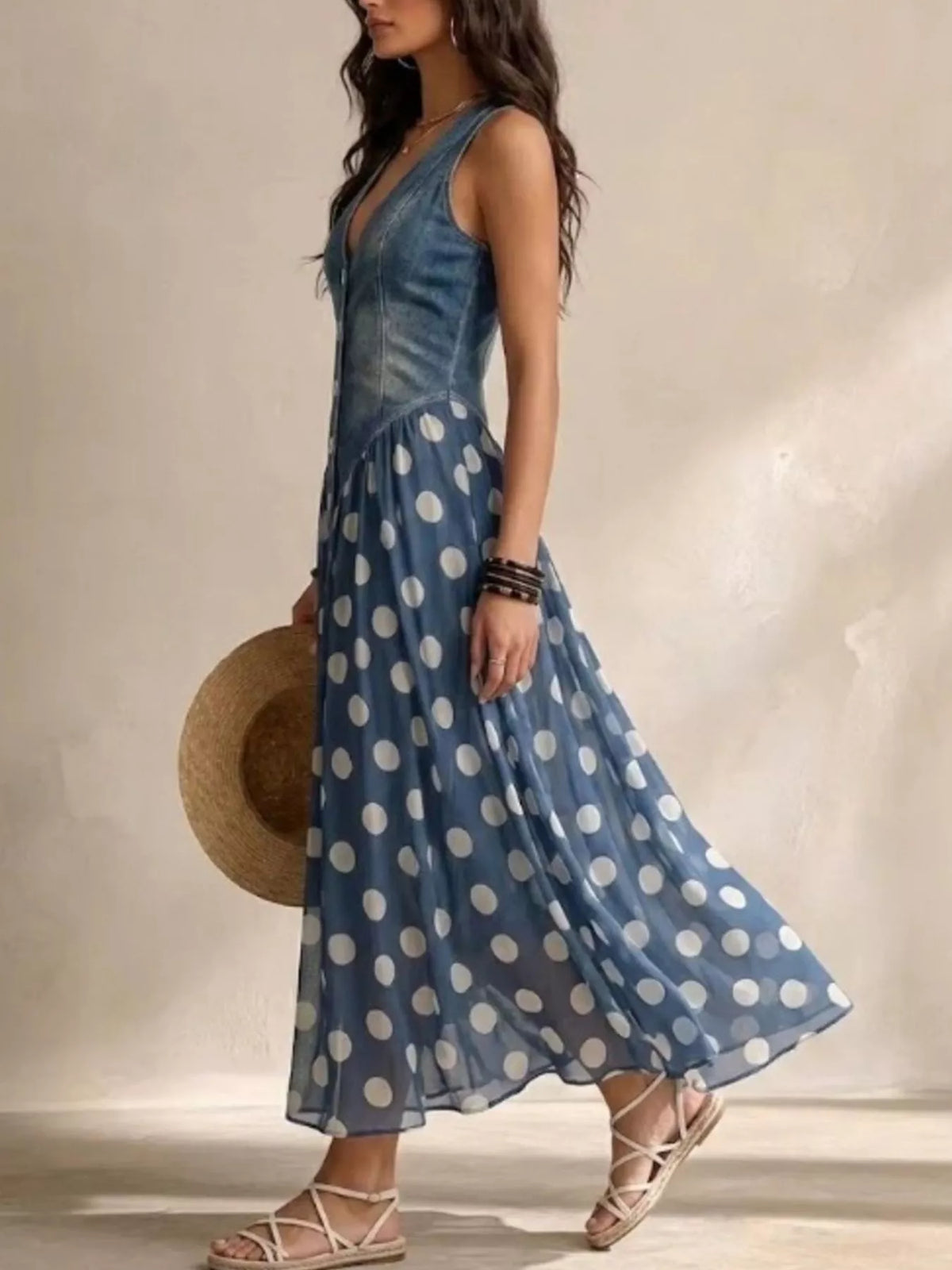 Blue polka dot sleeveless maxi dress — side view