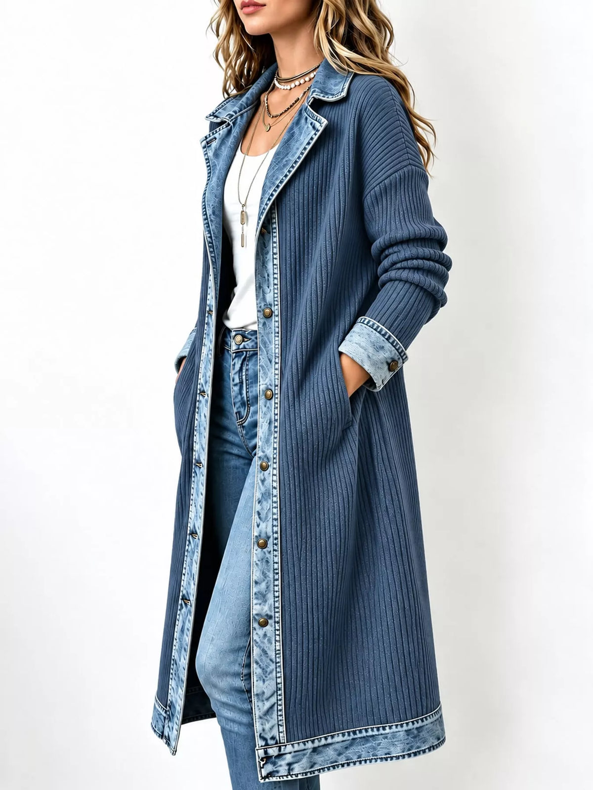 Navy Blue Real Denim denim-trimmed ribbed knit longline cardigan