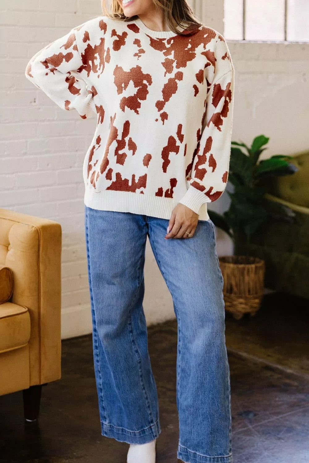 Trendsi Abstract Print Drop Shoulder Long Sleeve Round Neck Sweater -