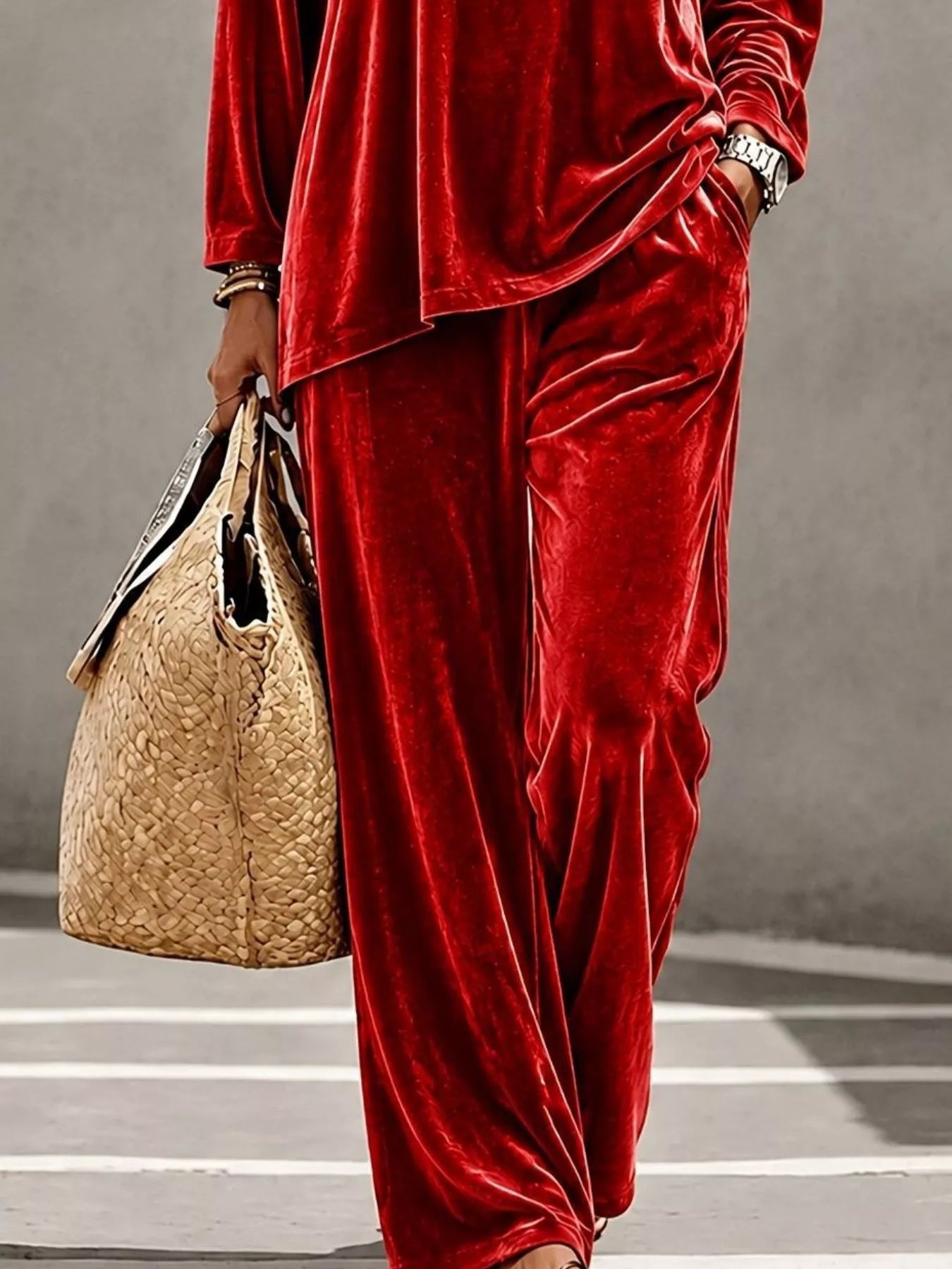 Trendsi Full Size Velvet Long Sleeve Top and Pants Set Plus Size -