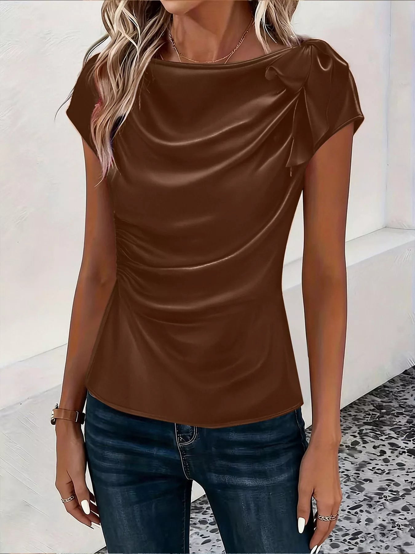 Trendsi Ruched Short Sleeve Satin Top -