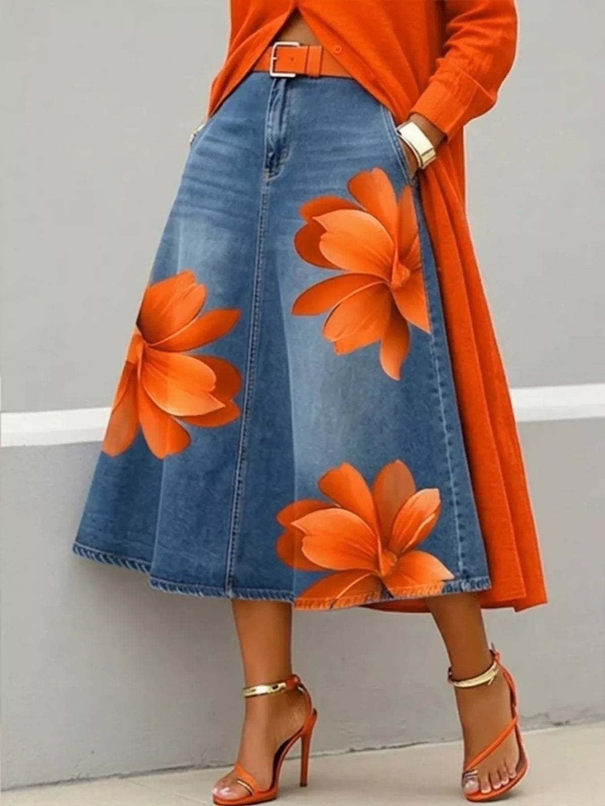 Orange floral floral print a-line midi skirt — front view