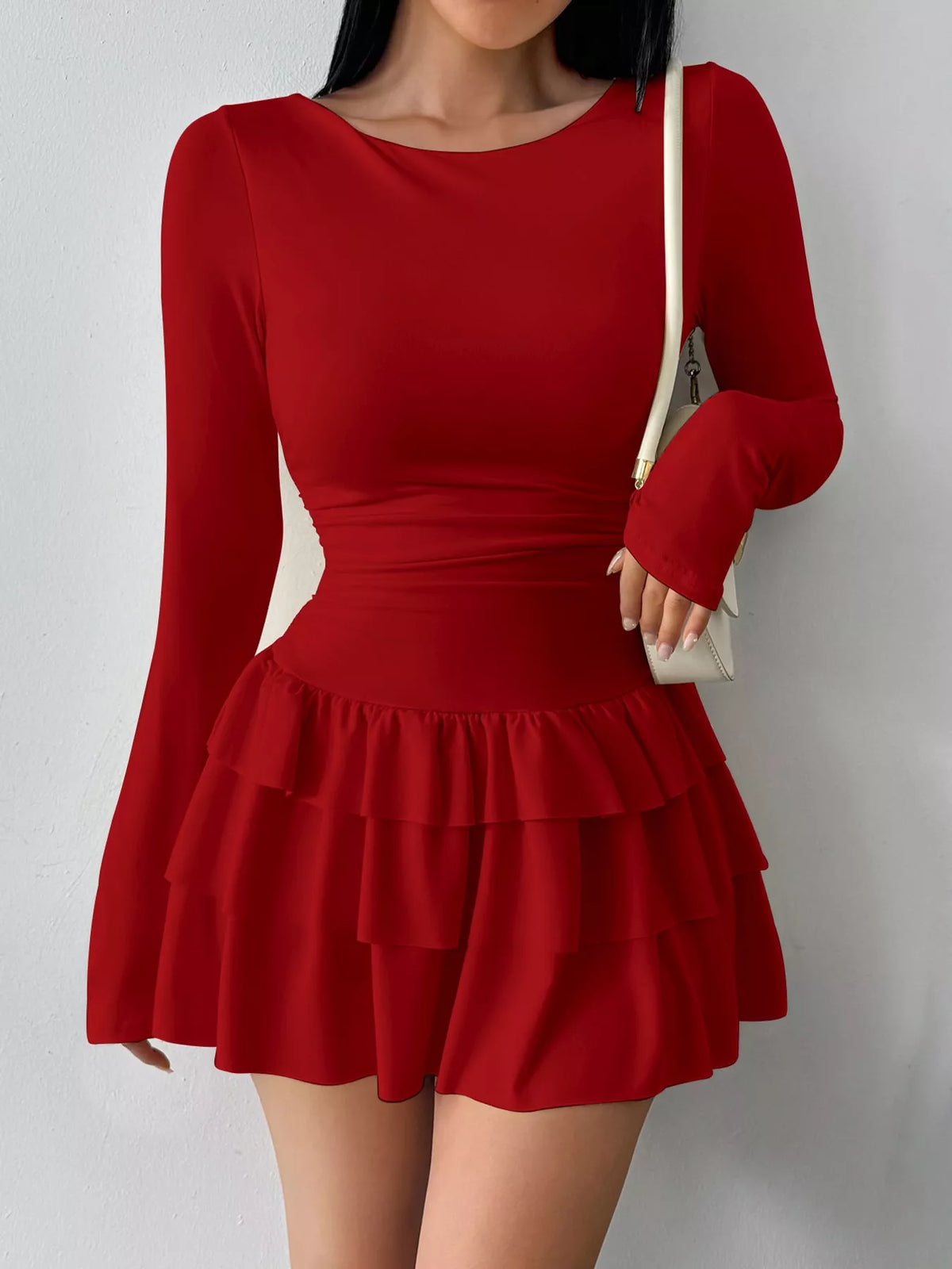 Red layered ruffle mini dress