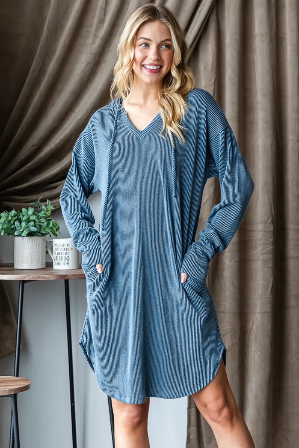 Trendsi Heimish Ribbed Long Sleeve Hooded Dress -