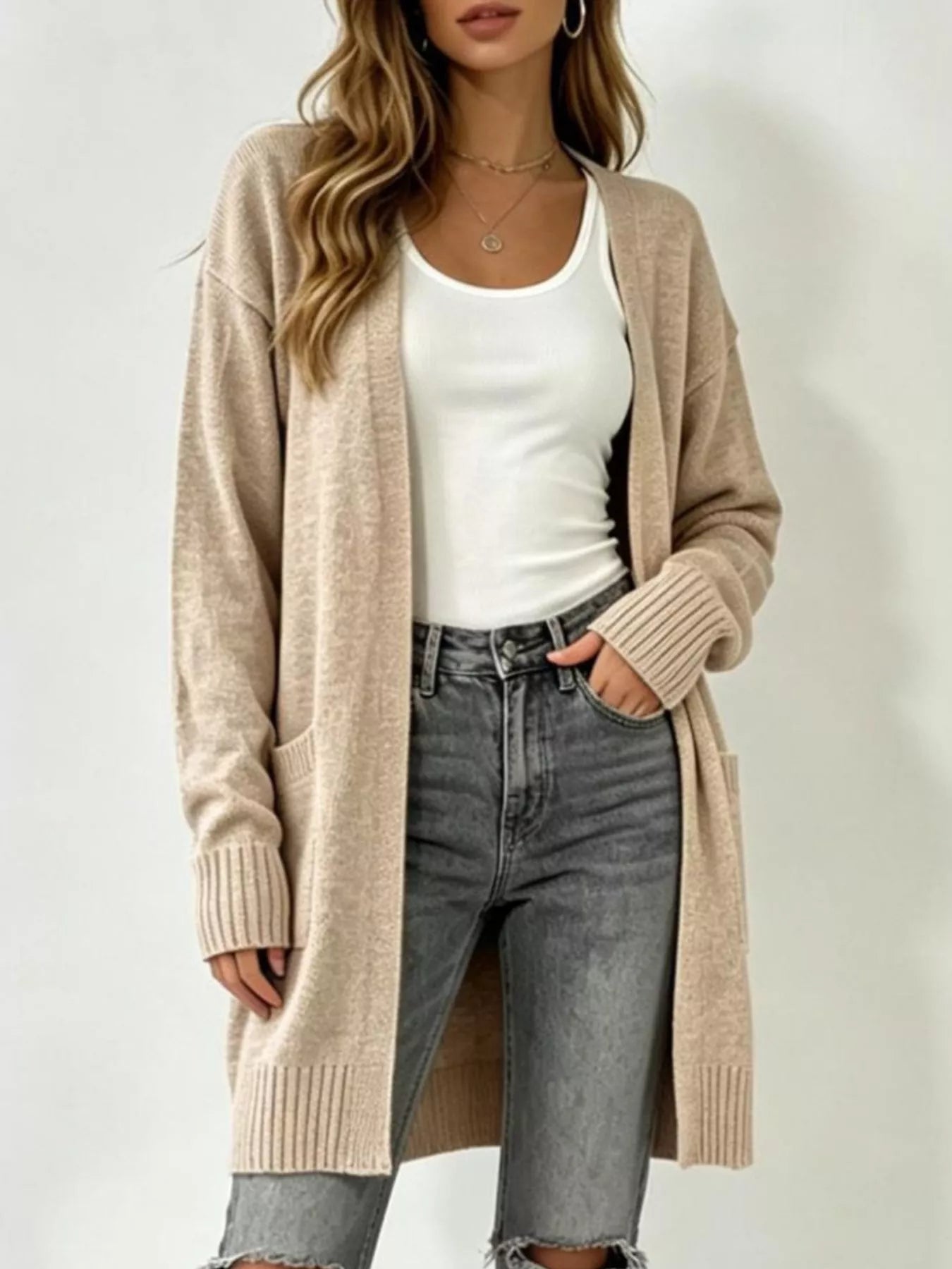 Trendsi Full Size Open-Front Longline Knit Cardigan Plus Size -