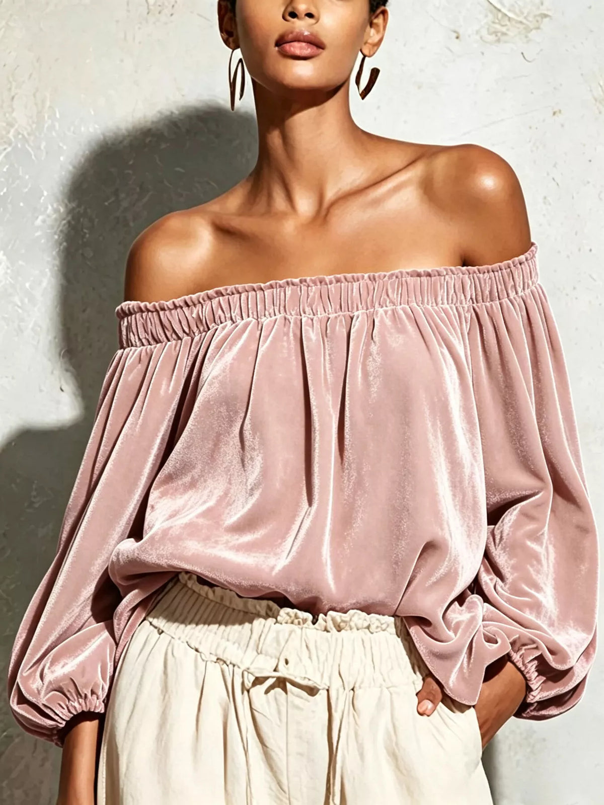 Trendsi Off-Shoulder Velvet Long Sleeve T-Shirt -