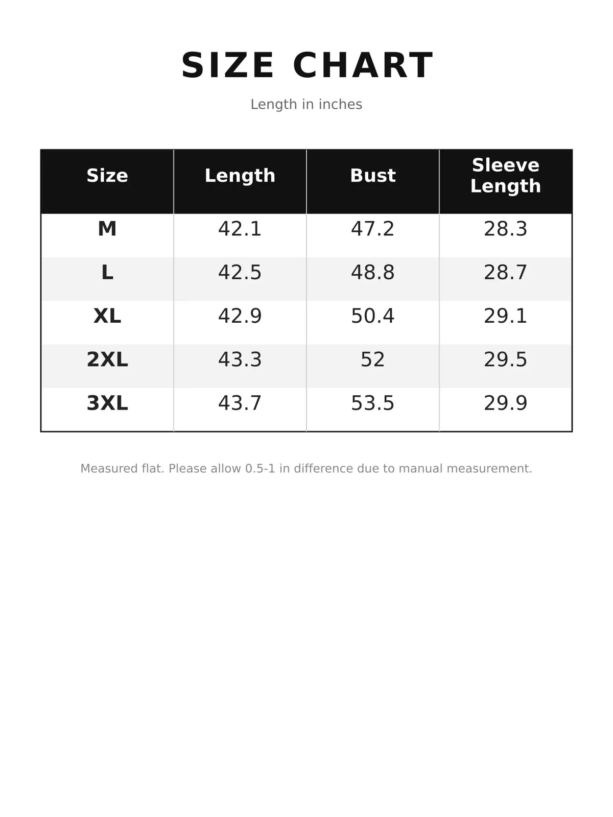 Size chart for longline puffer coat