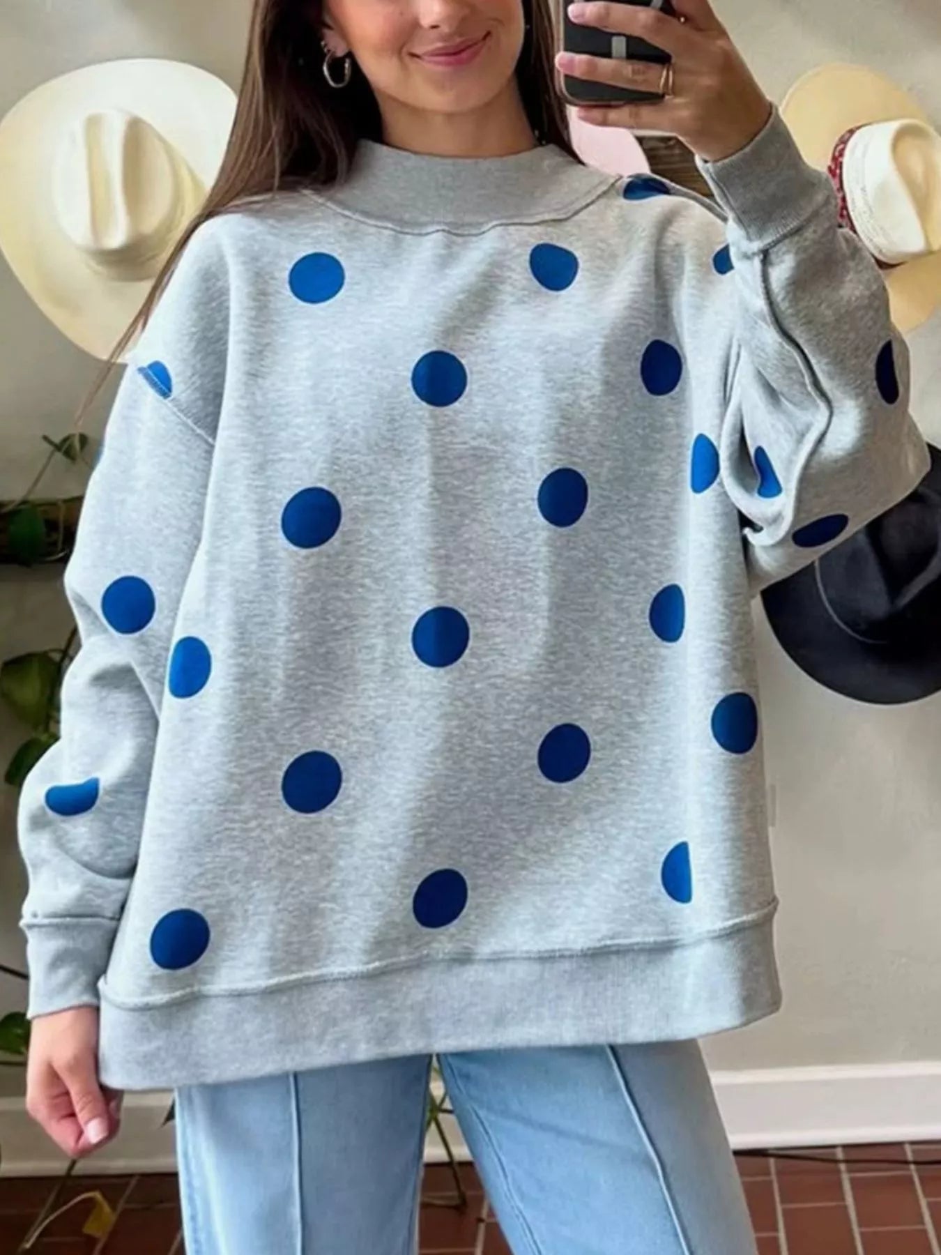 Trendsi Oversized Polka Dot Crewneck Sweatshirt -