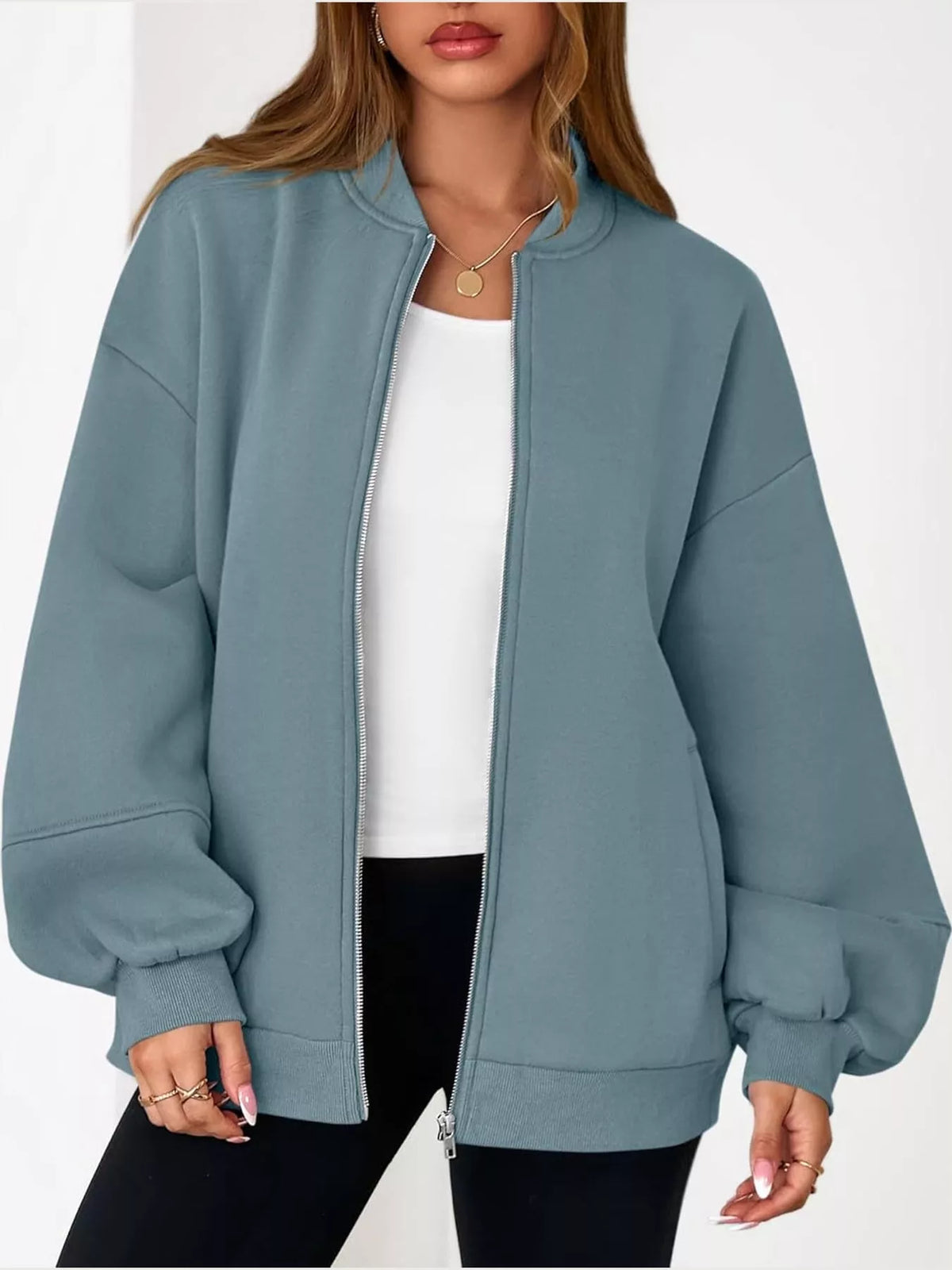 Blue-gray oversized zip-up jacket — front view