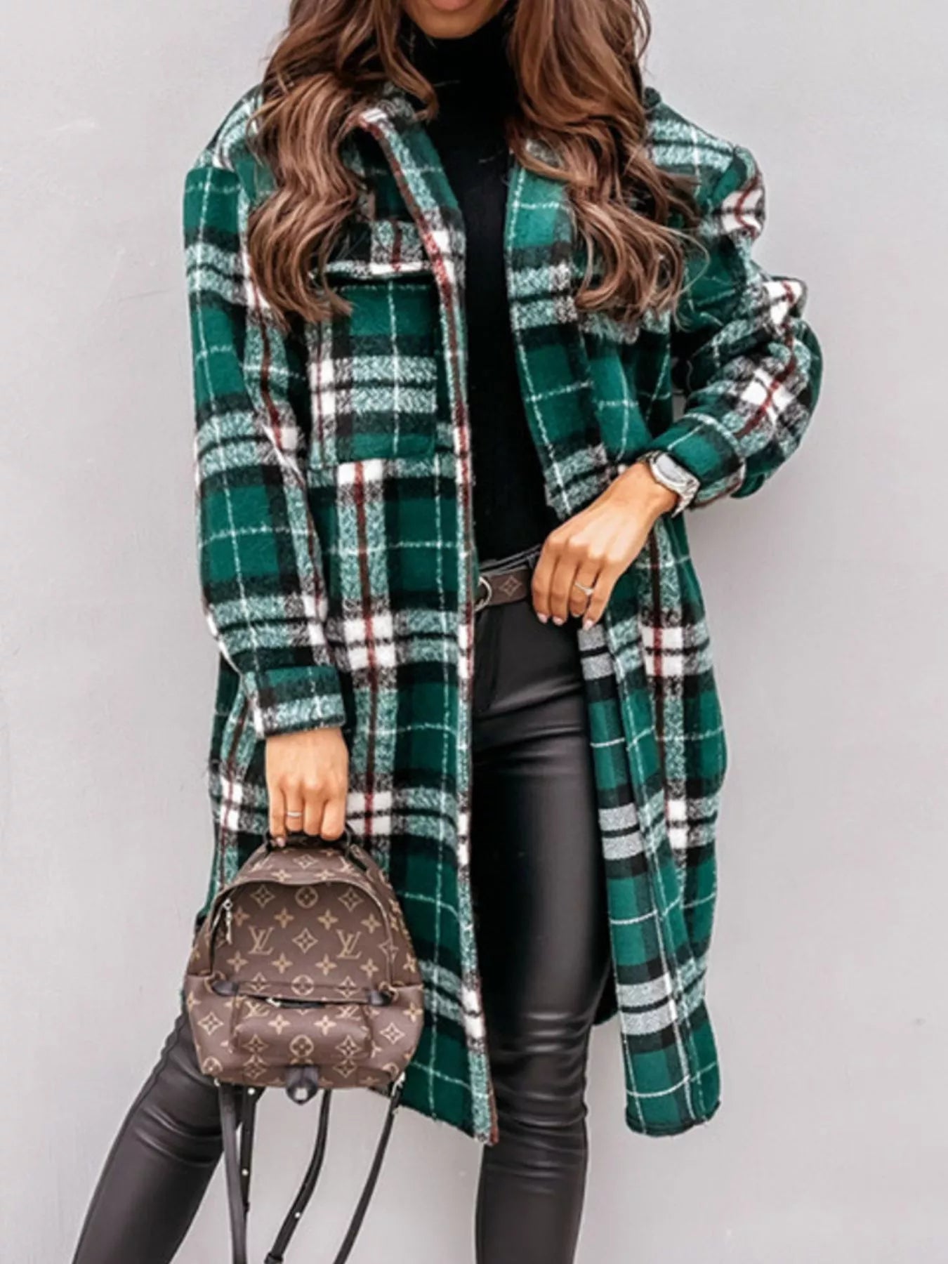 Trendsi Longline Plaid Button Up Coat -