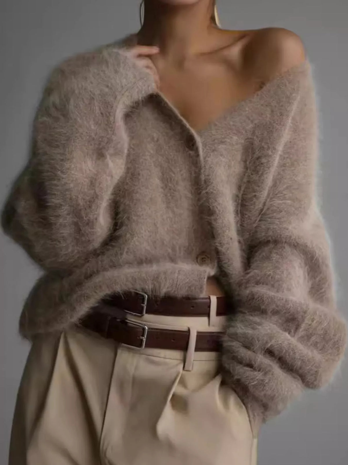 Taupe fuzzy v-neck button-down cardigan