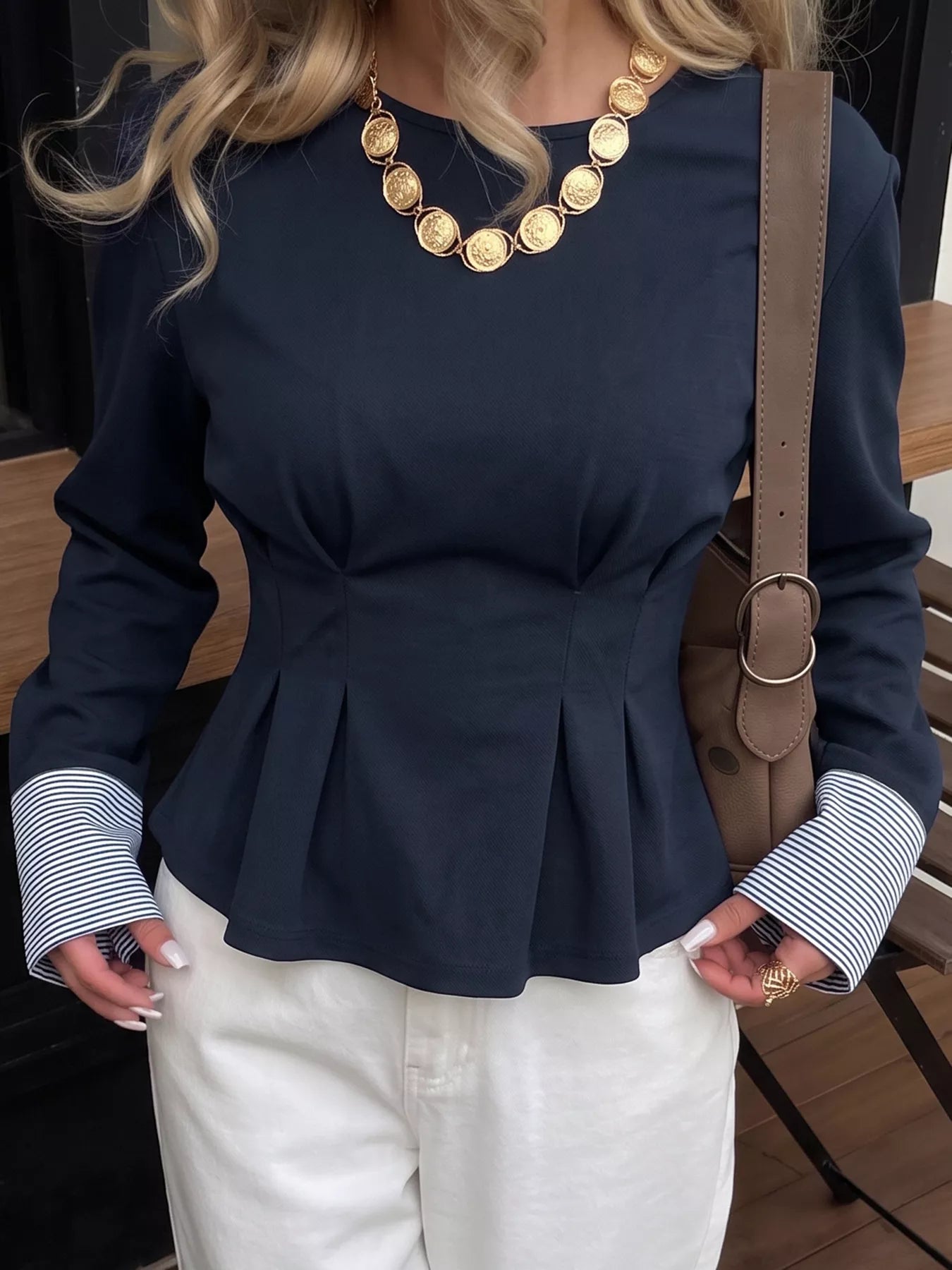 Trendsi Round Neck Peplum Top with Striped Cuffs -
