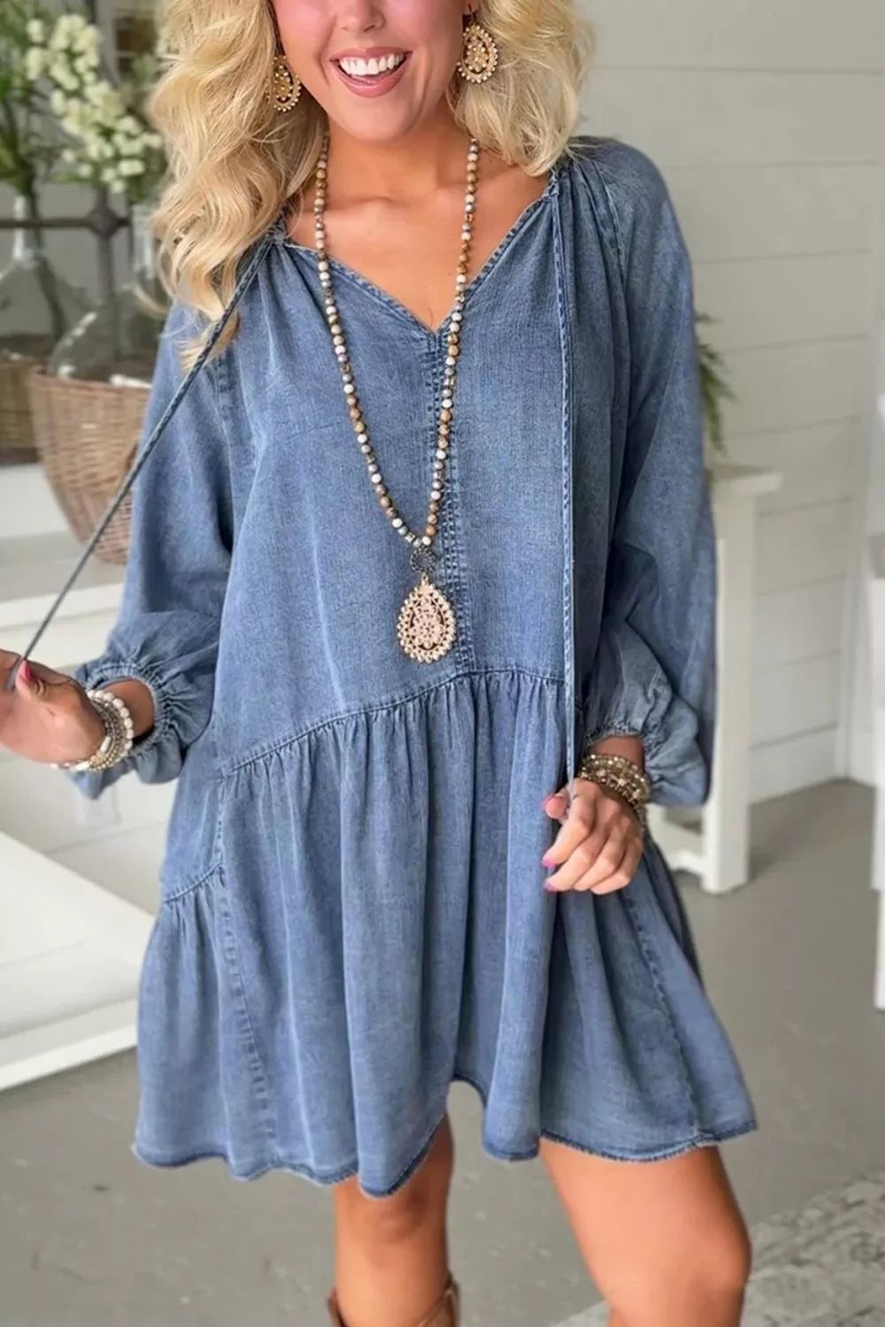 Trendsi Puff Sleeve V Neck Ruffled Loose Denim Mini Dress -