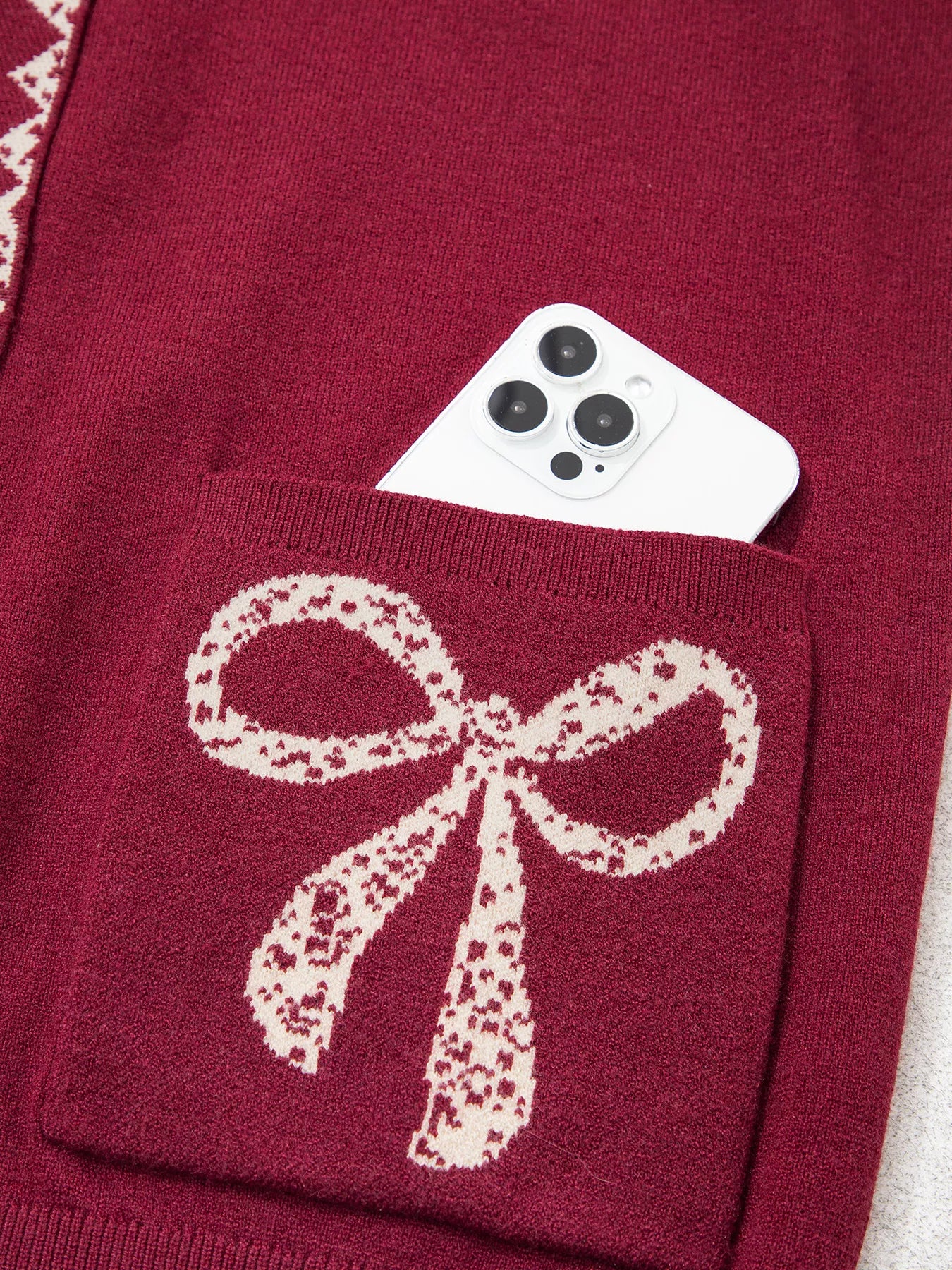 Trendsi Bow Pocket Collar Long Sleeve Knit Cardigan -