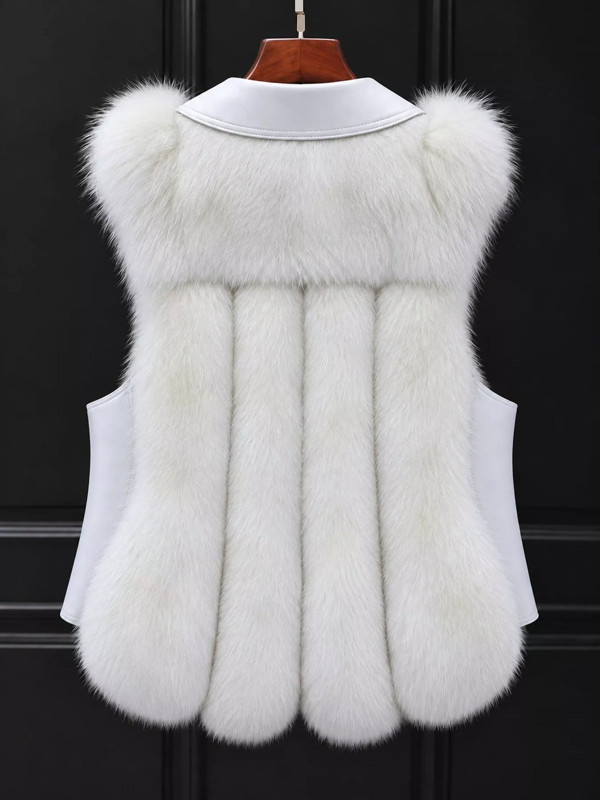 Faux Fur Snap Down Vest Coat, back view in white