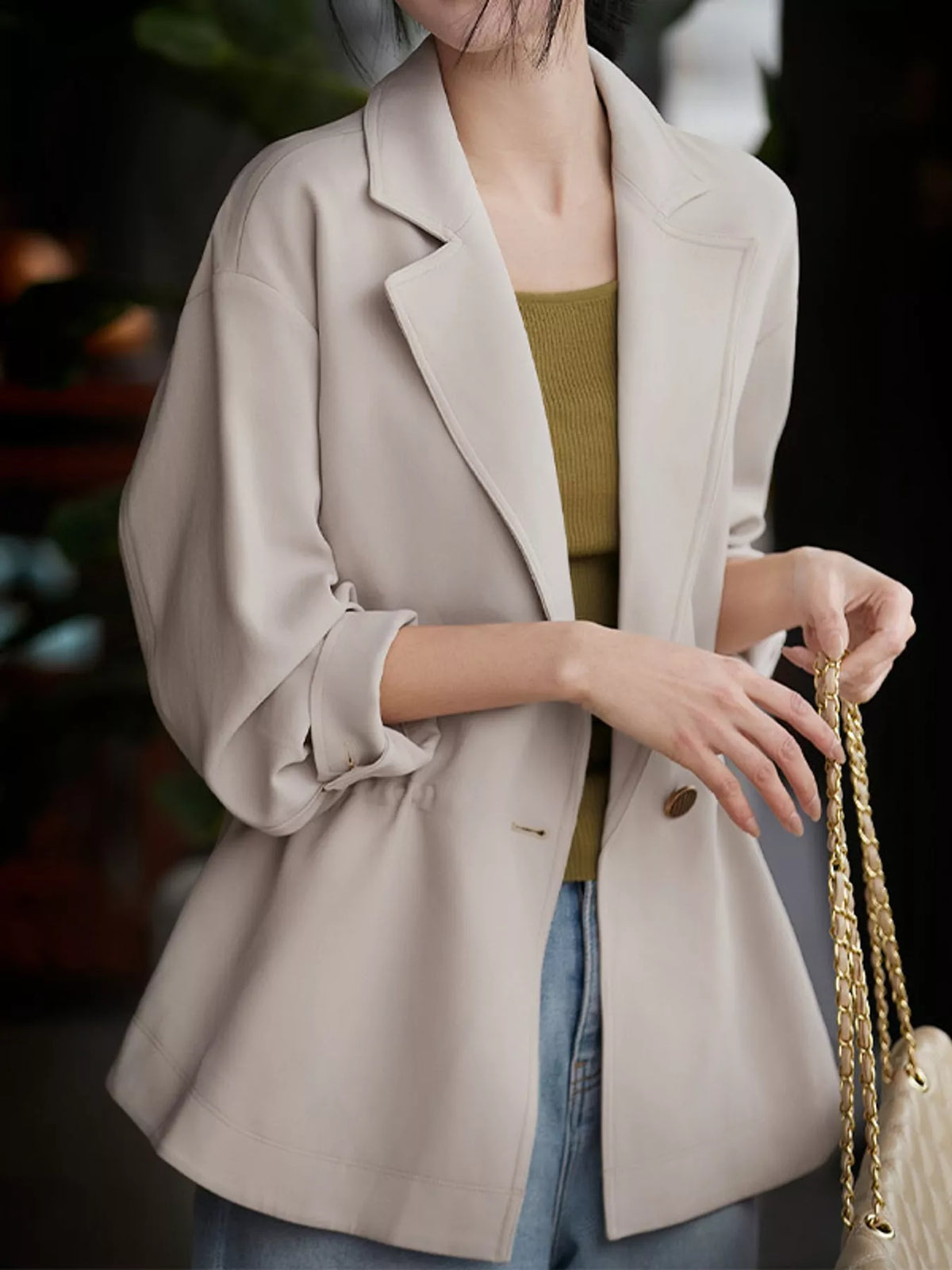 Lapel Collar Button Up Blazer in light beige gray