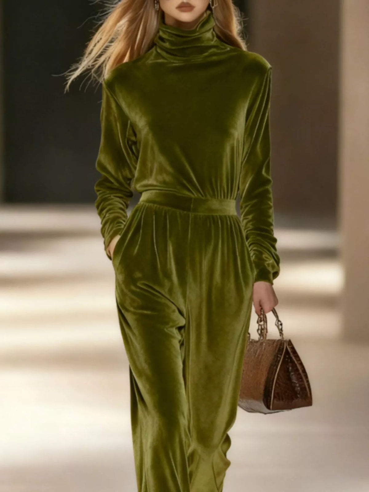 Women's Velvet Turtleneck Long-Sleeve Top & Wide-Leg Pants Set — alternate view 6
