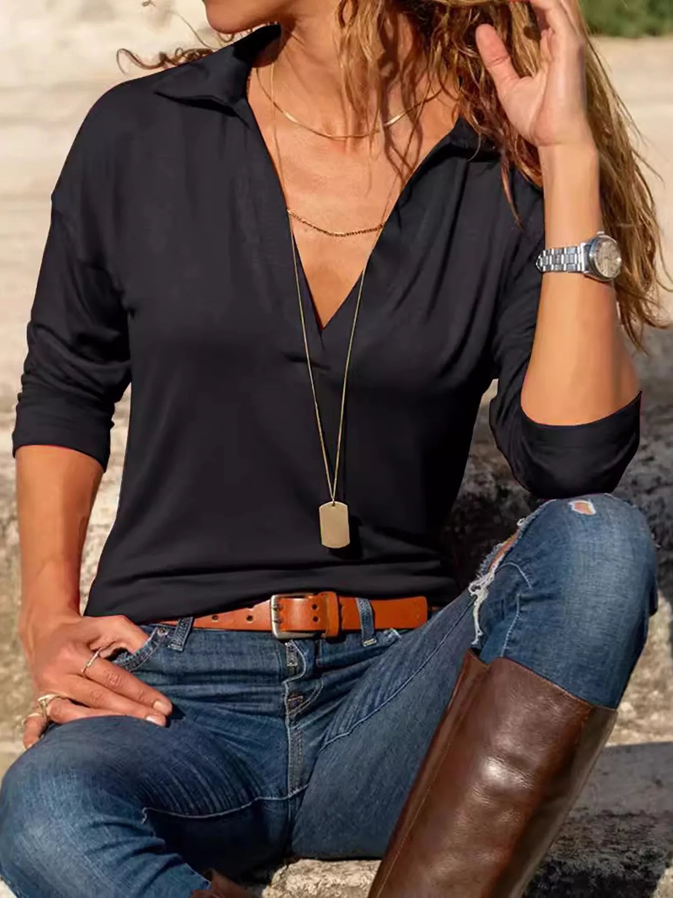 Trendsi Johnny Collar Long Sleeve Top -