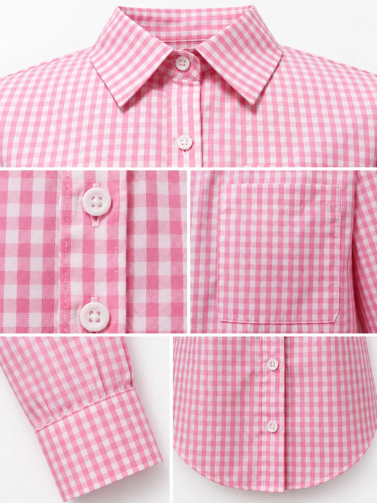 Pink and white plaid button-down shirt, collar, buttons, chest pocket, cuff, and curved hem close-ups