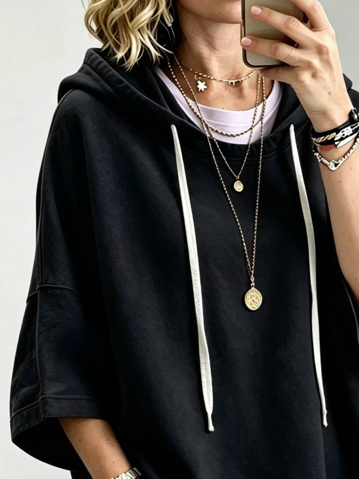 Trendsi Drawstring 3/4 Sleeve Hoodie -