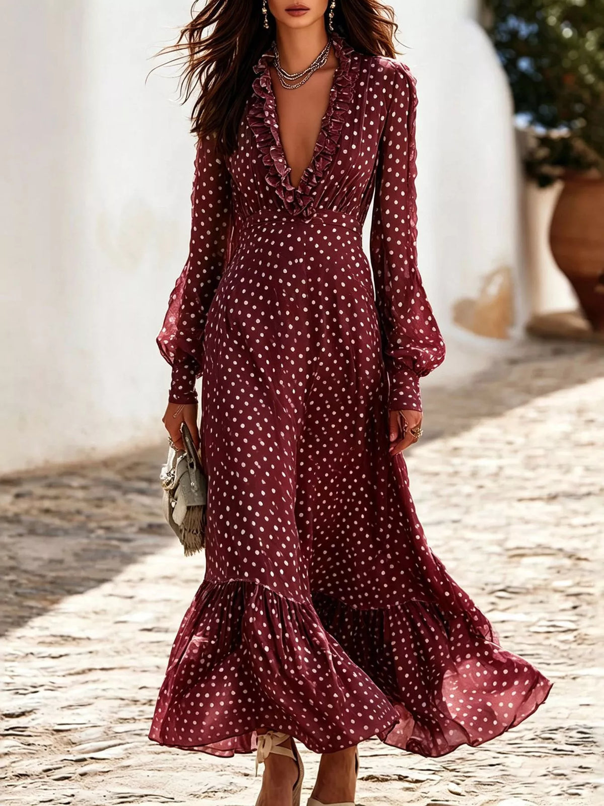 Burgundy polka-dot ruffle v-neck maxi dress