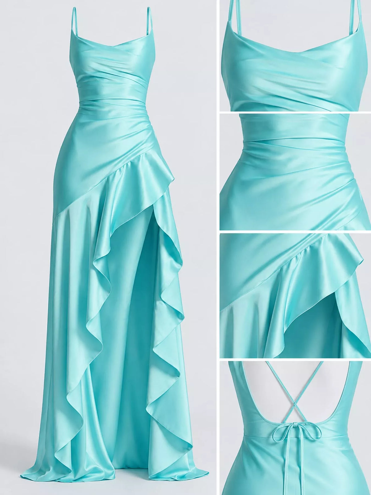Turquoise high-low ruffle-hem evening dress, bodice hem and back details