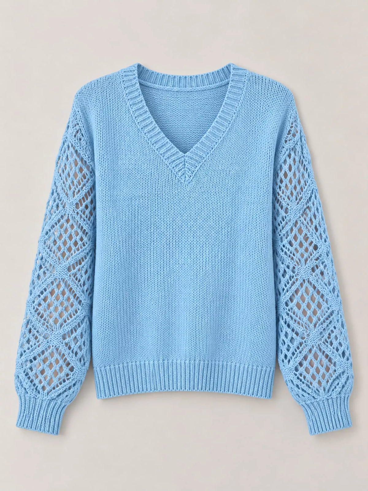 Light blue v neck openwork long sleeve sweater, front view