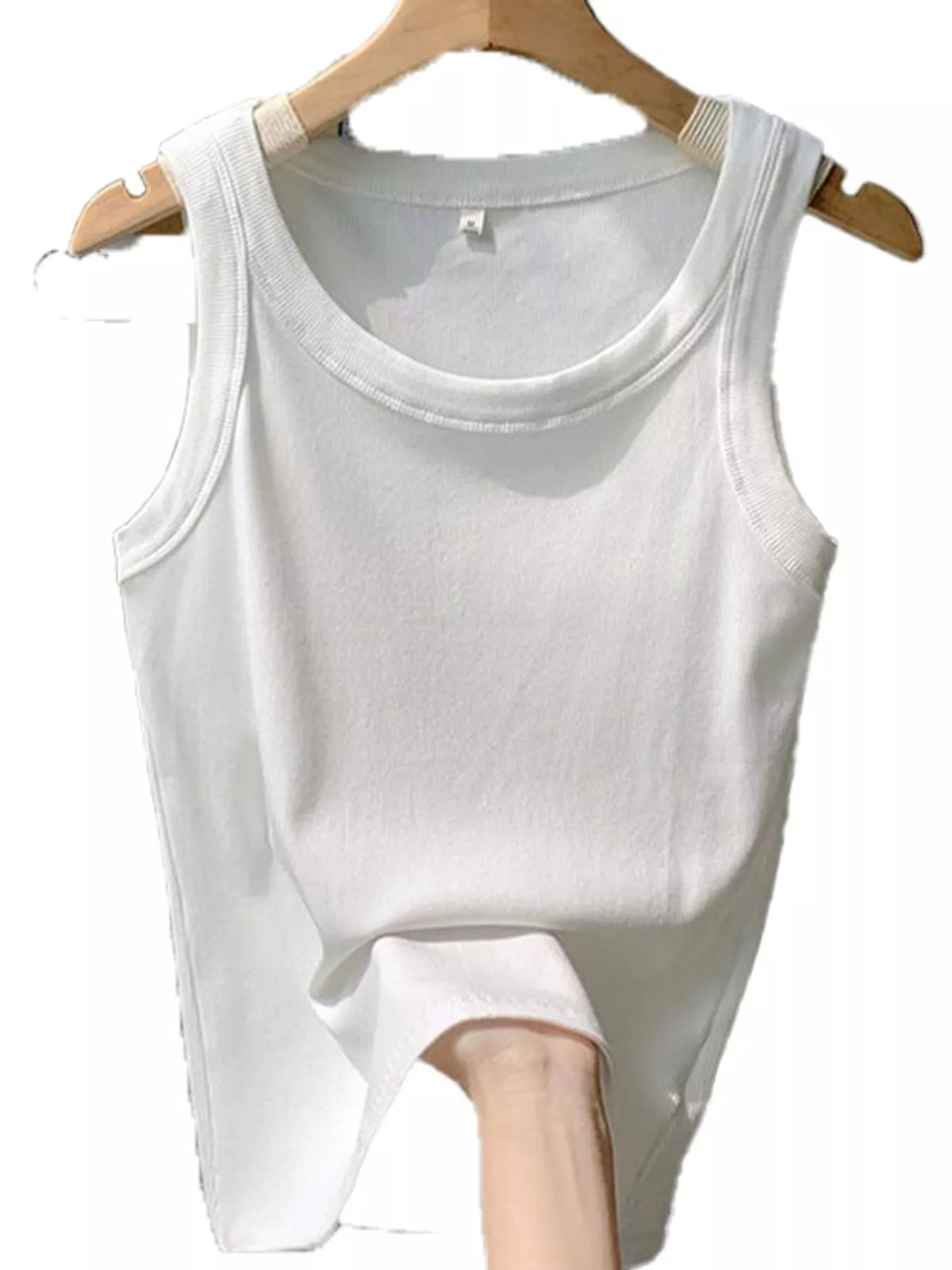 White scoop neck tank top, front view