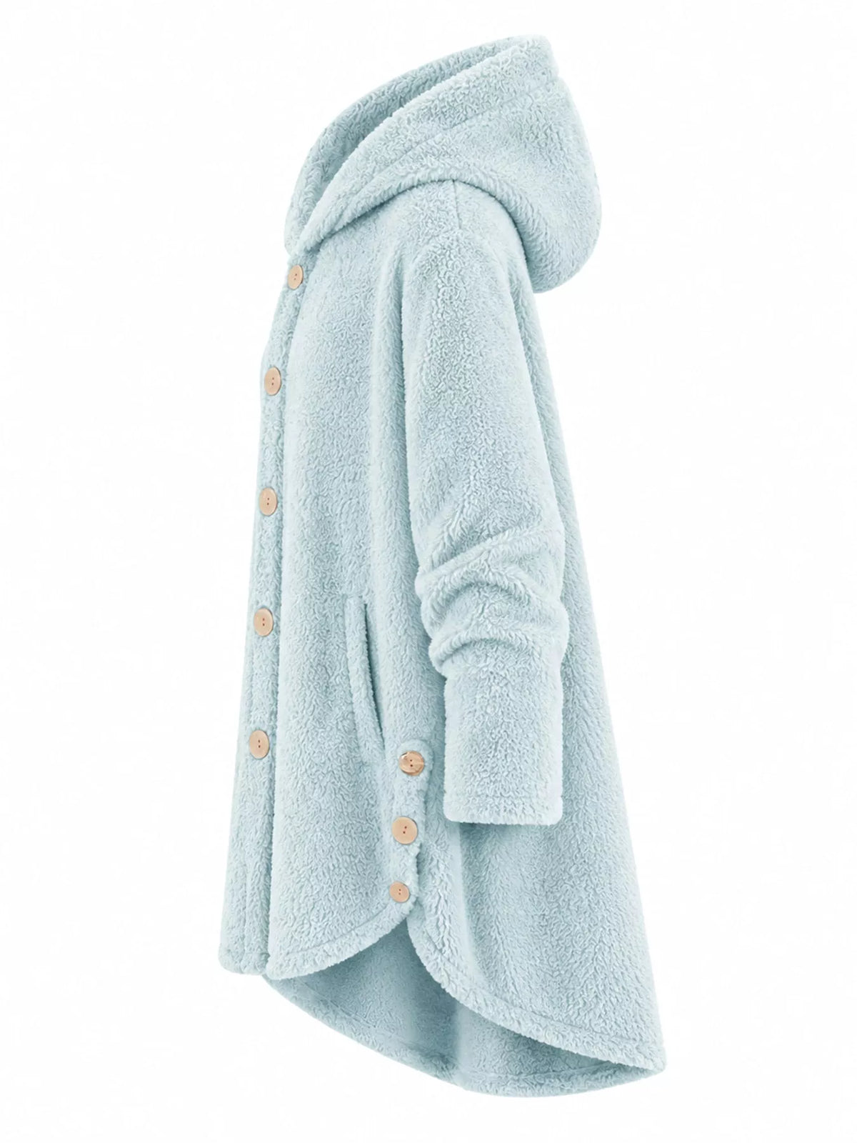 Light blue fleece button-up hooded jacket with curved high-low hem, side view