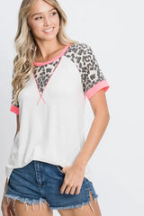 Trendsi Women’s Leopard Print Short Sleeve T-Shirt Stitch Detail Spandex Plus Size - Shirts