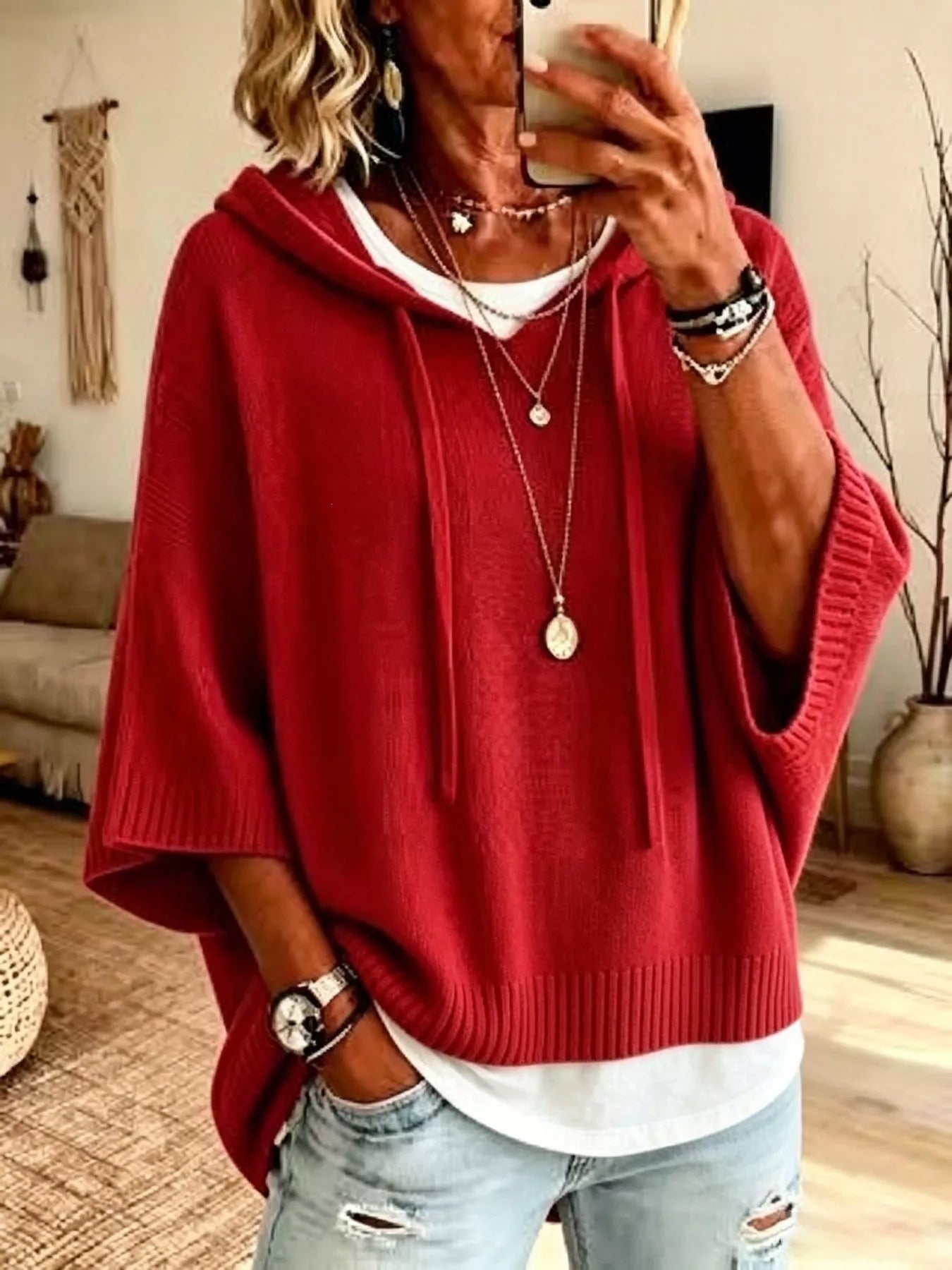 Trendsi Full Size Casual Hooded Batwing Sleeve Knit Sweater Plus Size -