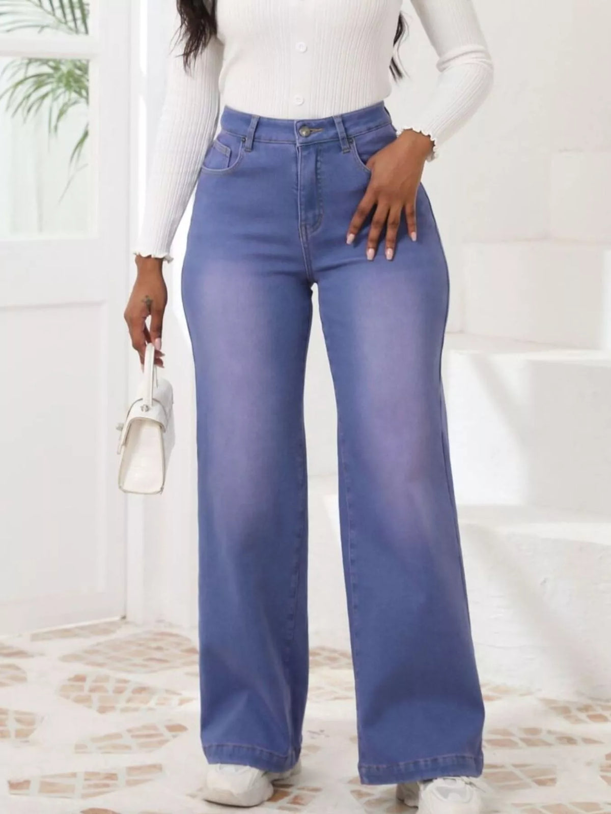 Light blue high-waisted washed wide-leg jeans