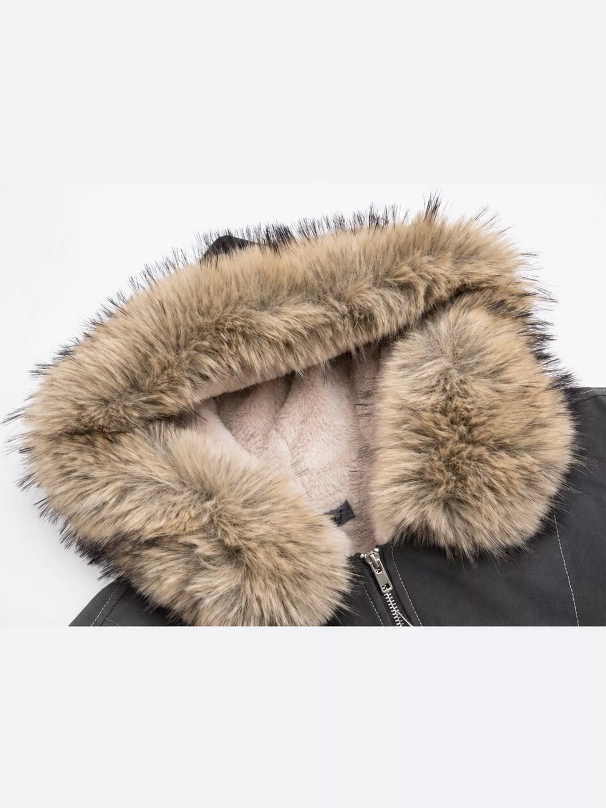 Faux Fur Lined Hooded Zip Up Jacket, detail view in gray with beige trim