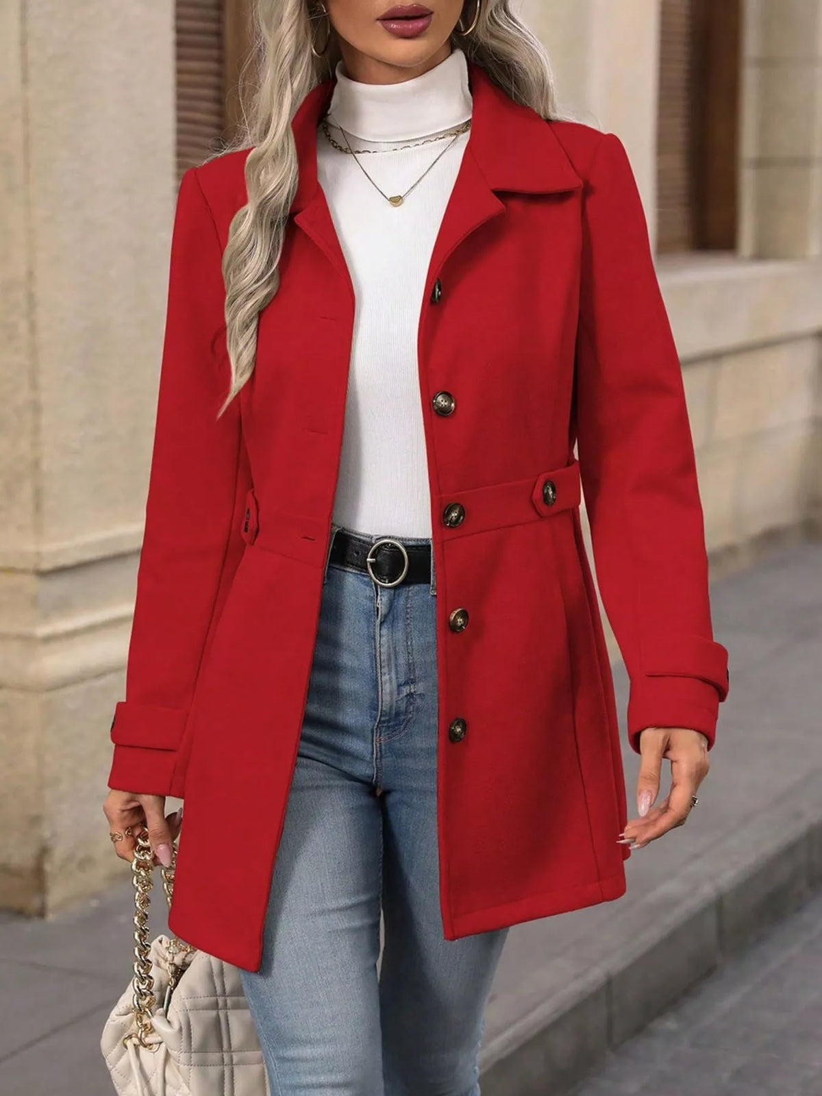 Red single-breasted coat, open front view