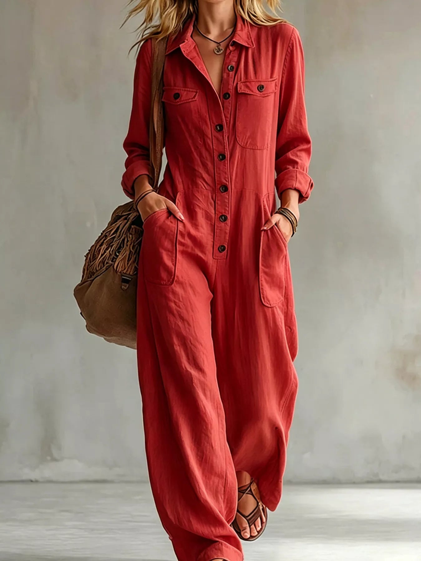 Trendsi Full Size Long Sleeve Button Front Jumpsuit Plus Size -