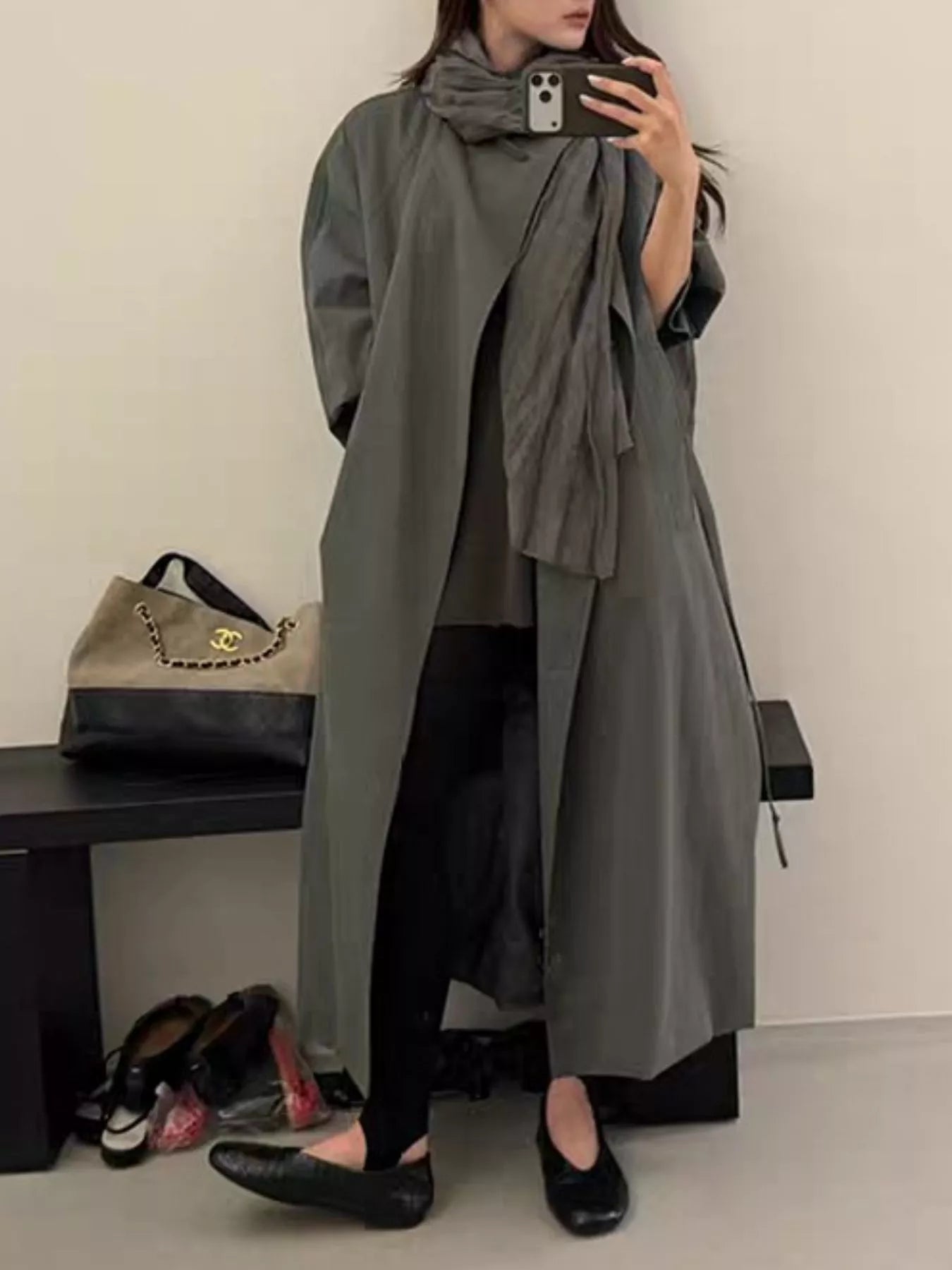 Trendsi Drawstring Open Front Longline Trench Coat -
