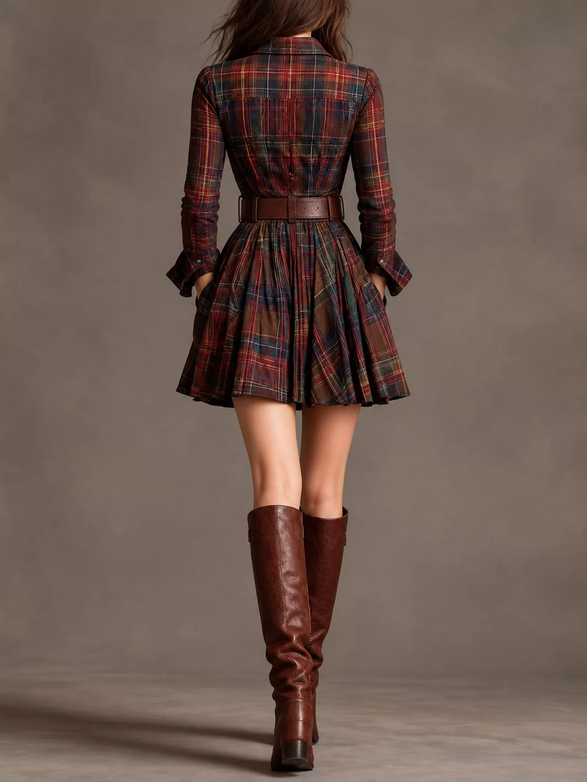 Red plaid shirt dress, back view