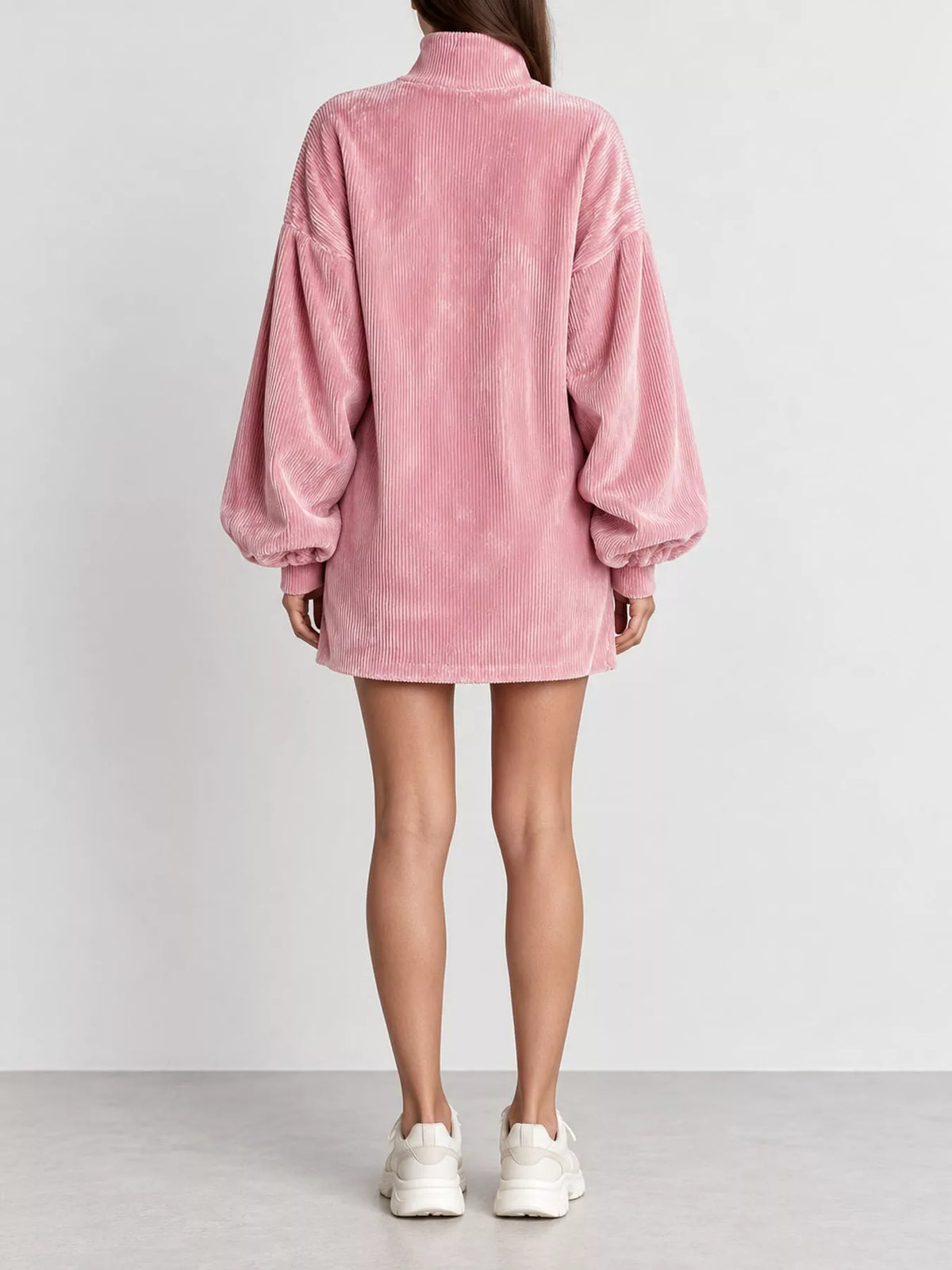 Corduroy Mock Neck Lantern Sleeve Mini Dress in pink, back view
