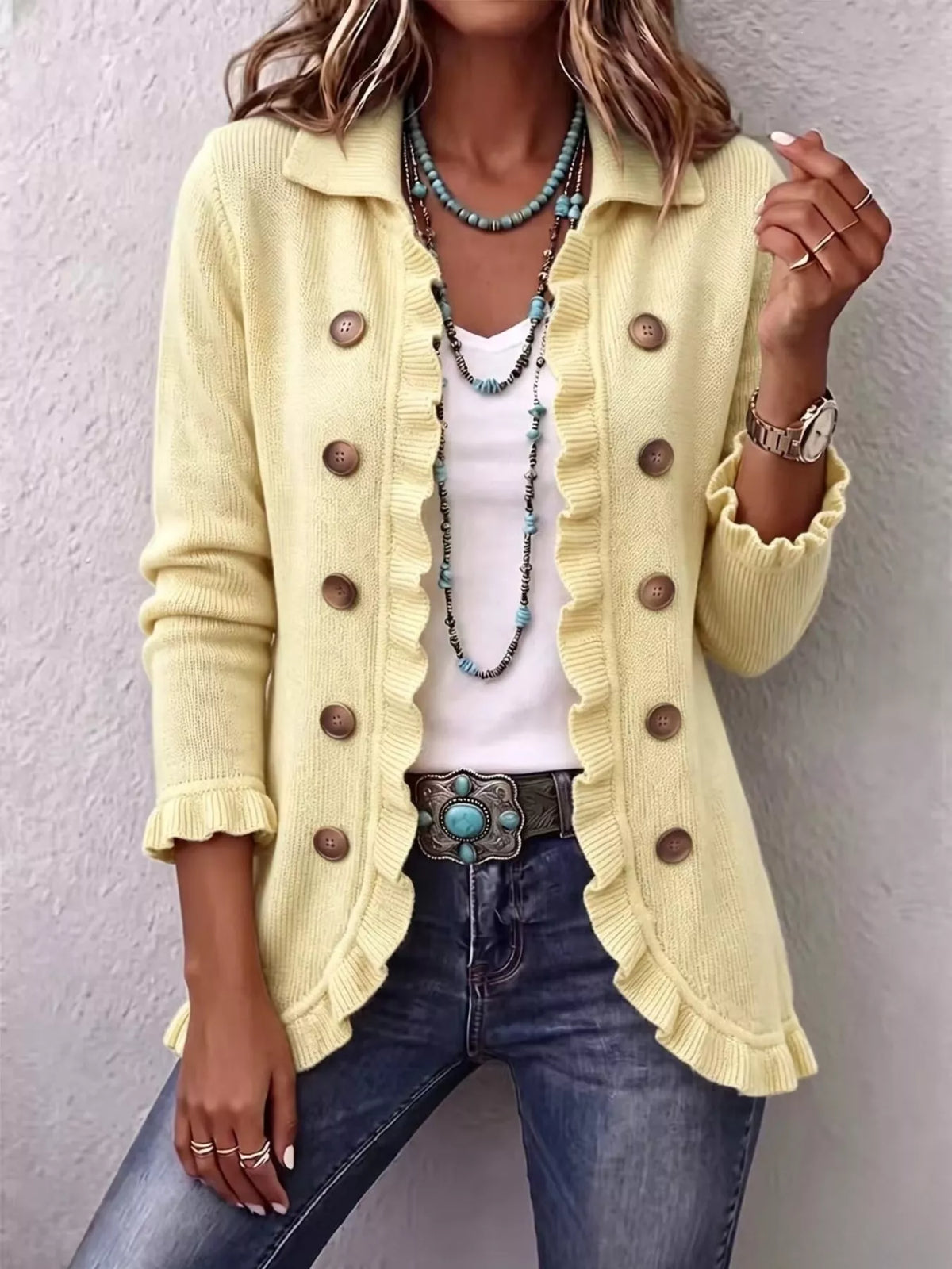 Yellow ruffle-trim button-front cardigan