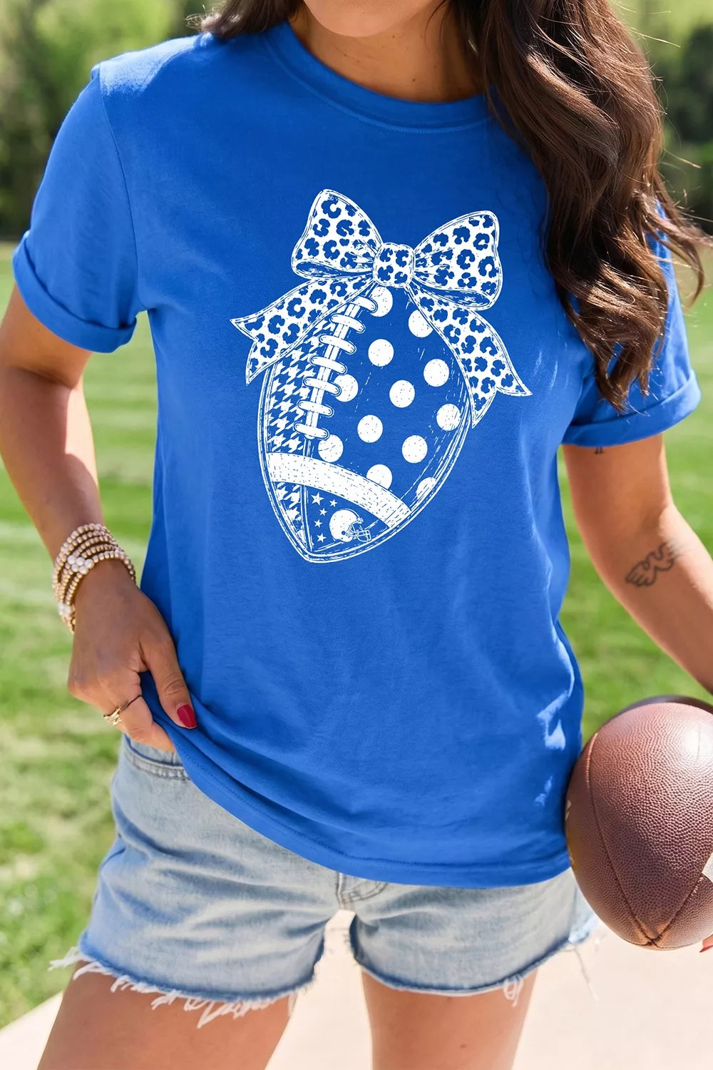 Women's leopard bow polka dot football graphic game day T-shirt