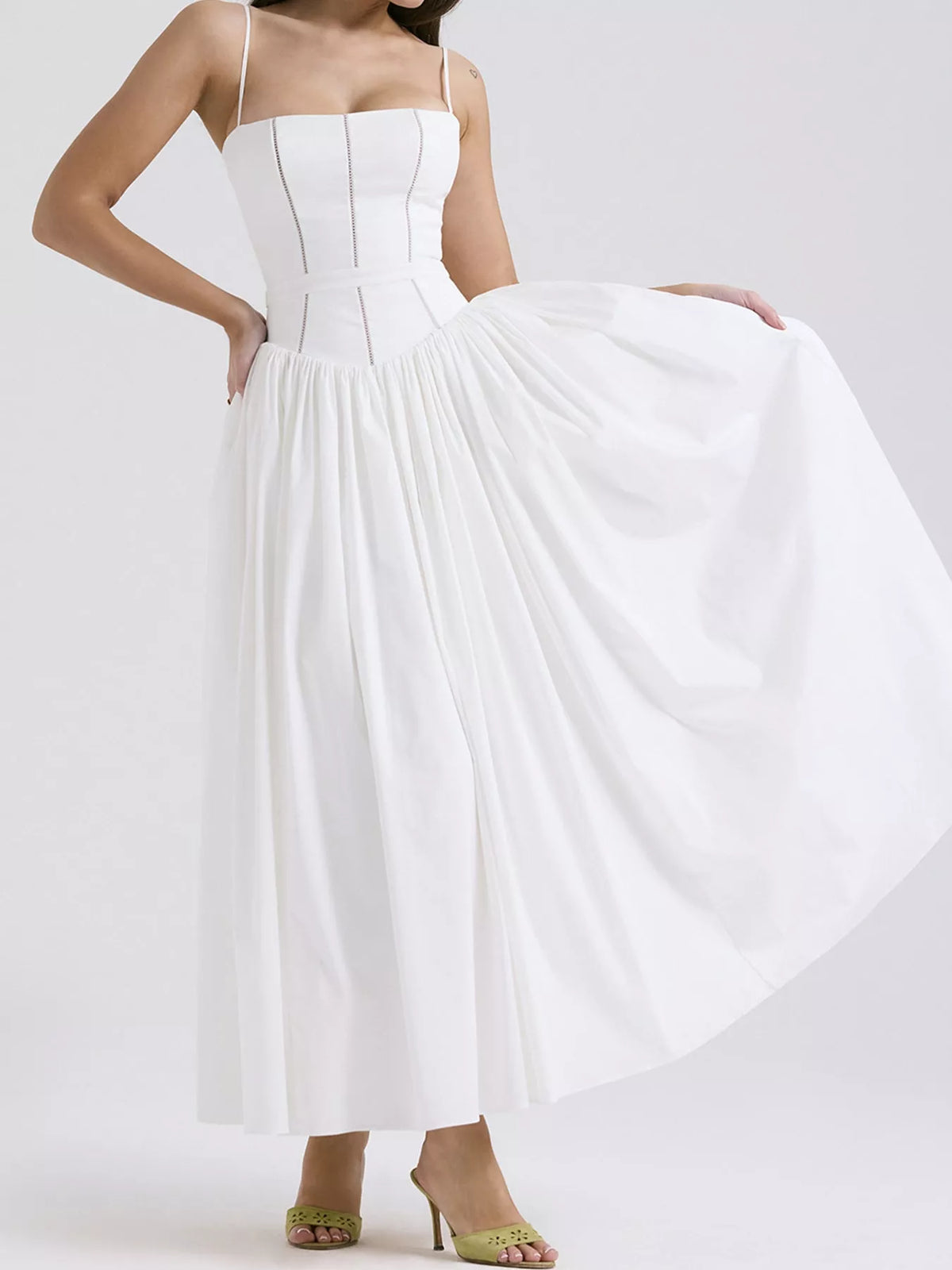 Women's Paneled Bodice Gathered Midi Dress in white — front view
