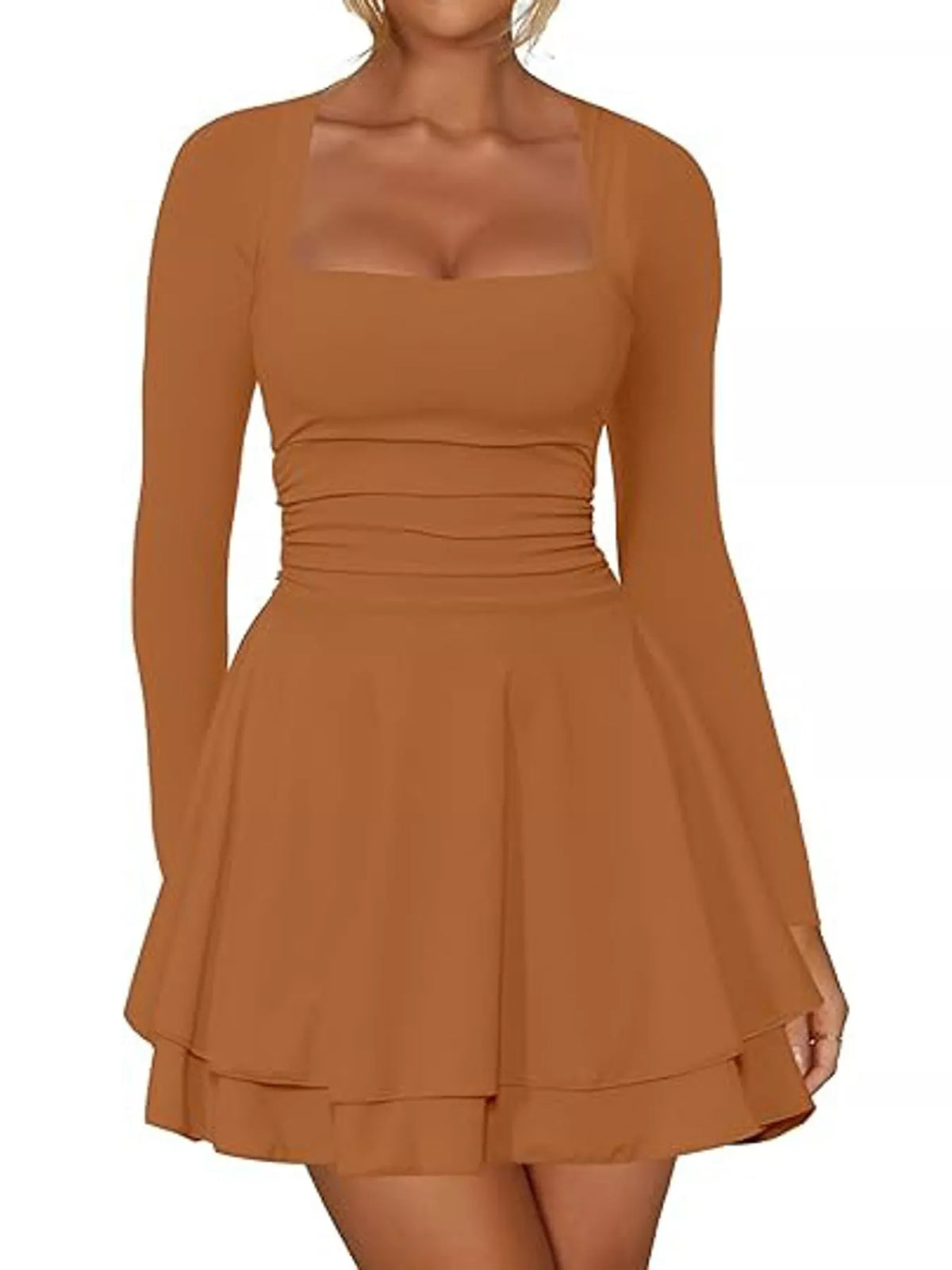 Square neck long sleeve mini dress, front view on model