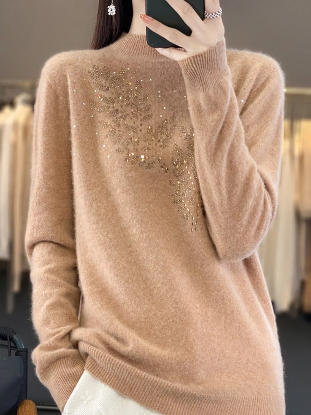Rhinestone Leaf Mock Neck Sweater — front view
