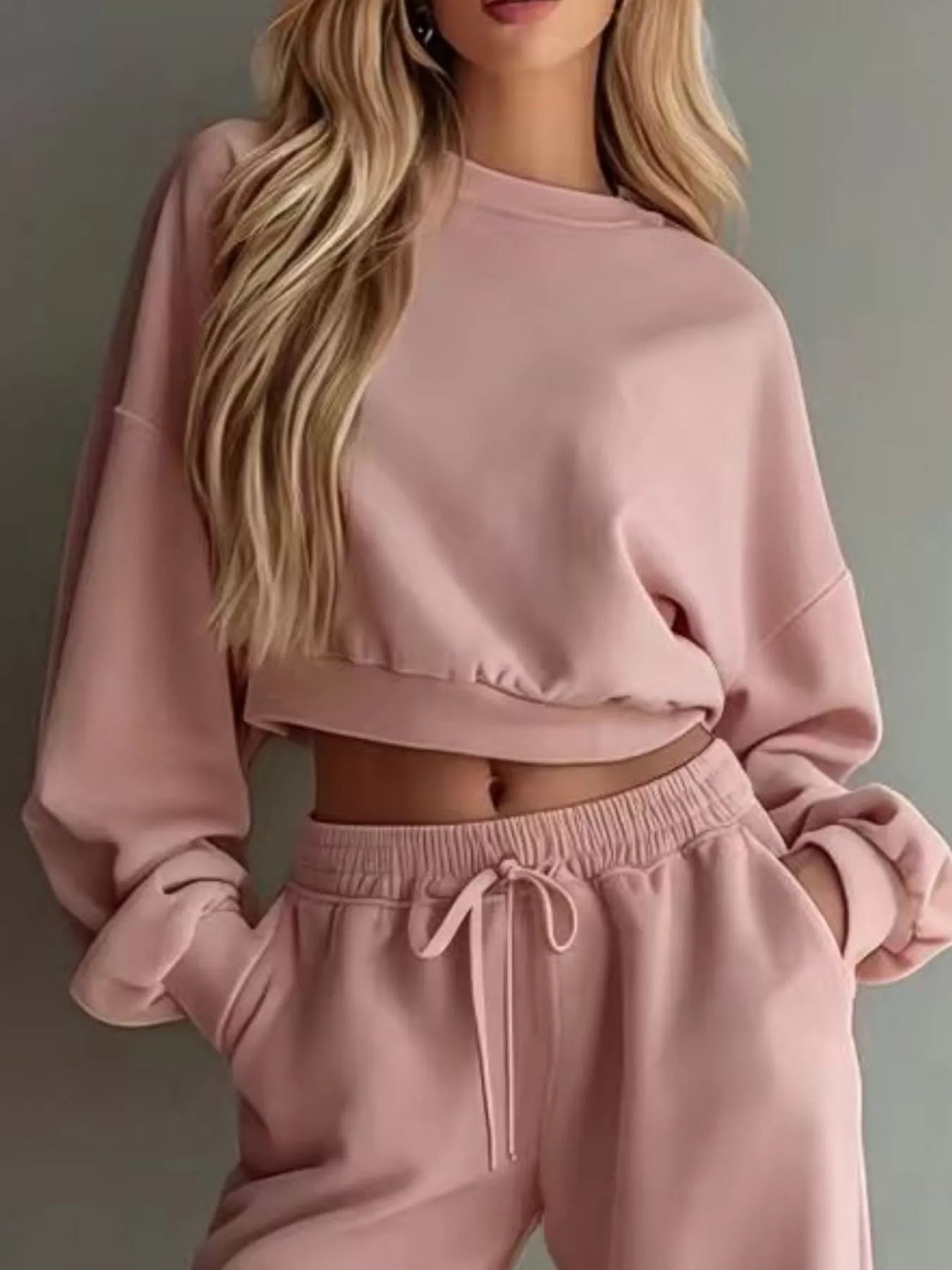 Trendsi Round Neck Cropped Sweatshirt and Wide-Leg Pants -