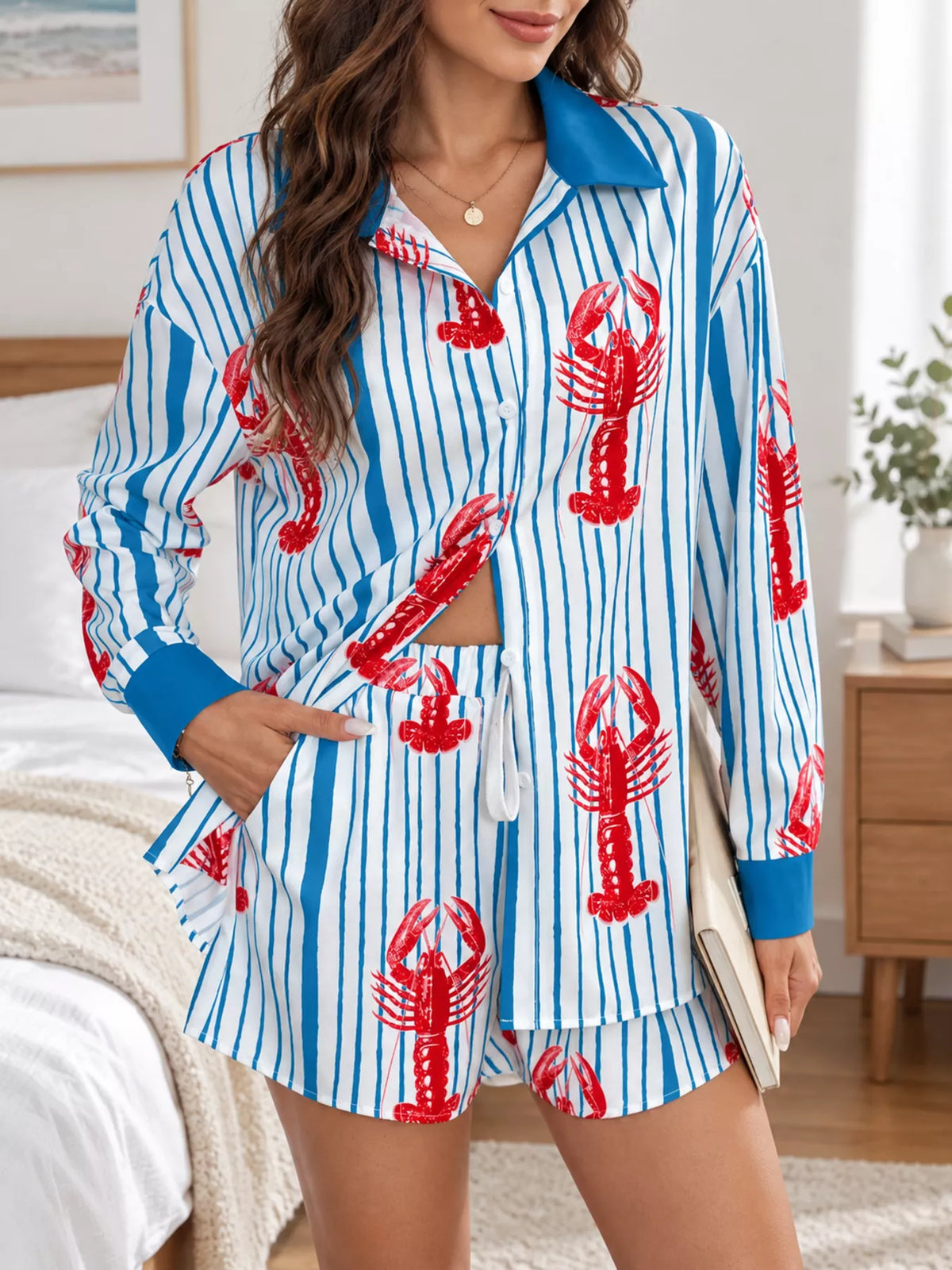 Women's Lobster Print Striped Button-Down Shirt and Shorts Set in blue and white — front view