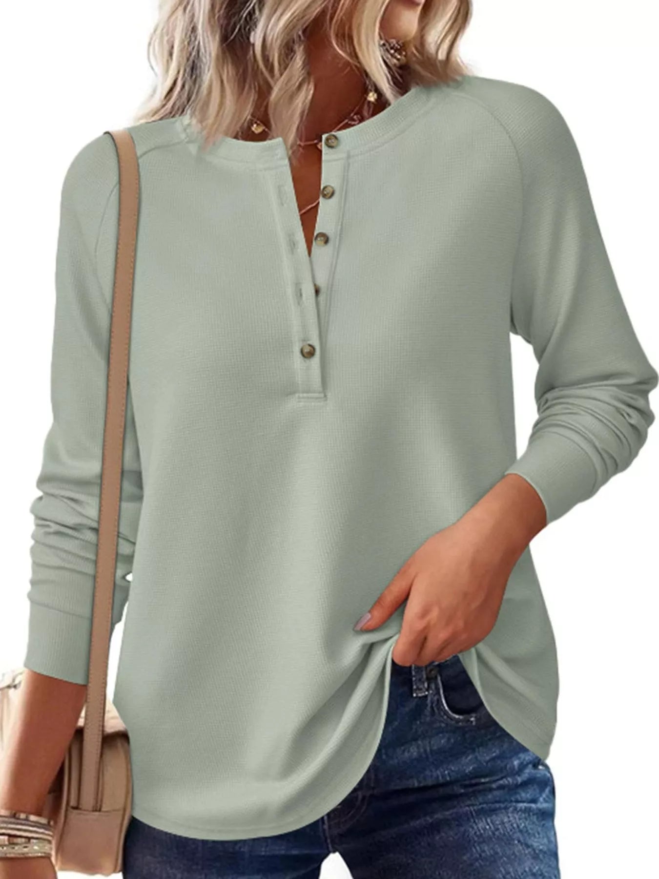 Trendsi Waffle Knit Henley Long Sleeve T-Shirt -