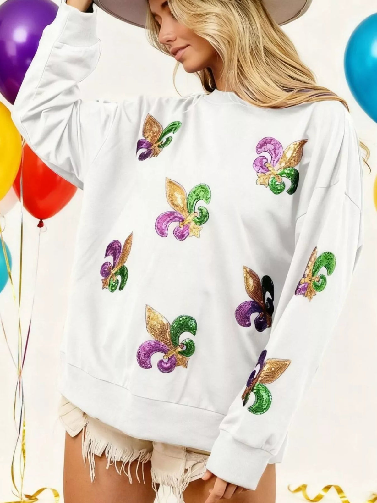 Trendsi Mardi Gras Sequin Crew Neck Sweatshirt -